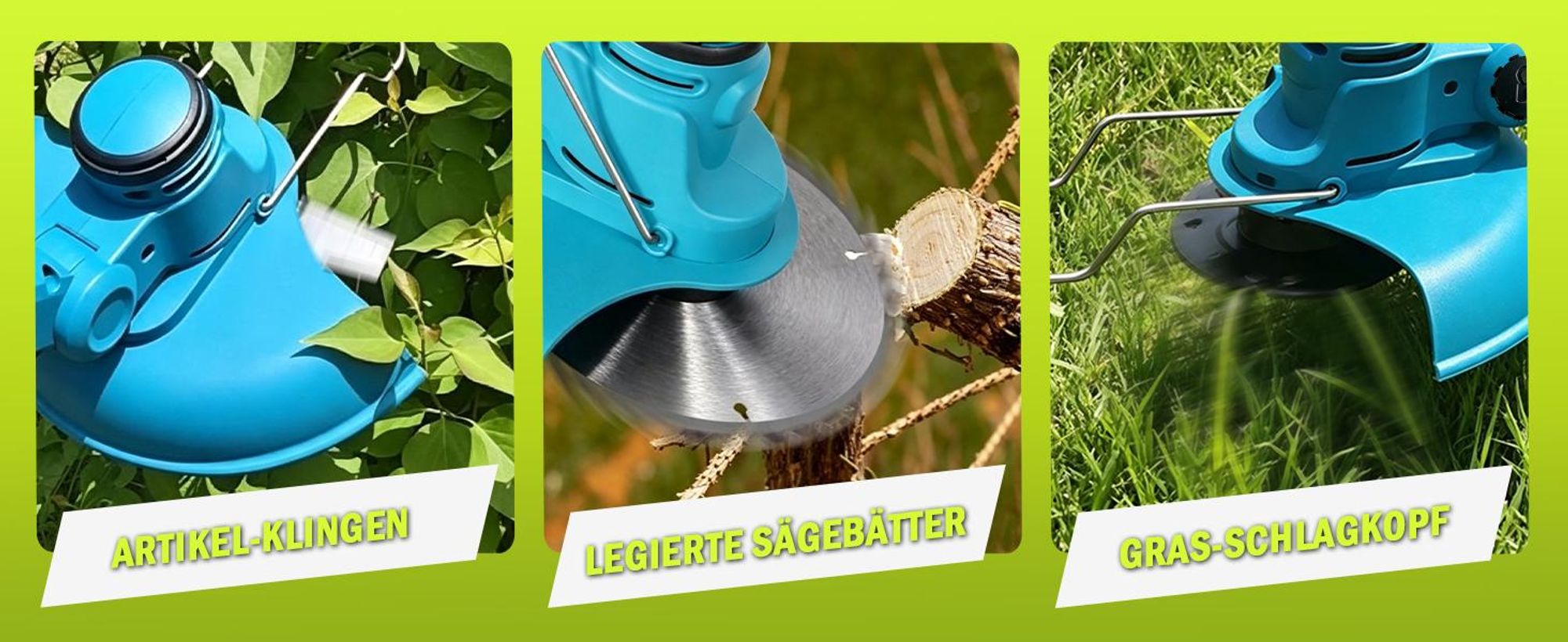 Akku Rasentrimmer 750W mit 2× 4000mAh Akkus 21V, 4 in 1 Bürstenloser Motor Rasentrimmer mit Unkrautbürste, Freischneider mit Messer und Ladegerät