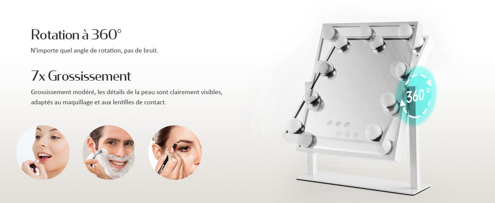 Miroir cosmétique EMKE avec éclairage LED 47,5 x 36,5 cm Miroir de maquillage grossissement 7x 3 couleurs de lumière Intensité réglable Rotation à 360°, blanc
