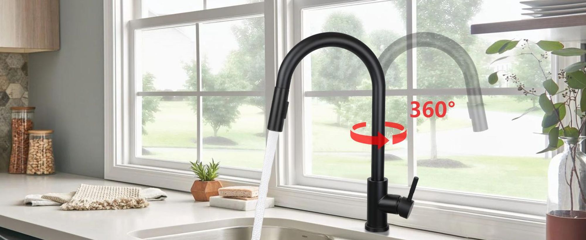 ZMH Keukenmengkraan, zwart, uittrekbaar, met douche. RVS mengkraan voor de spoelbak, 360° draaibaar, met 2 standen