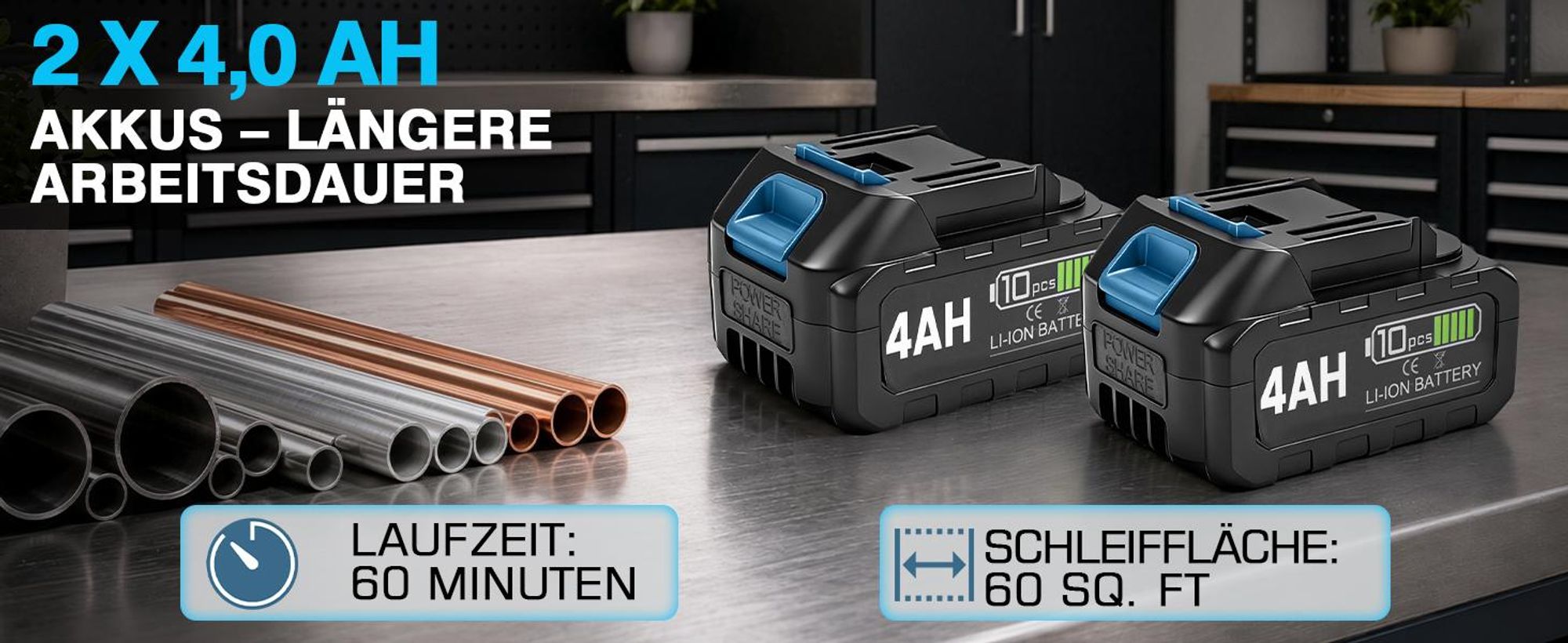 1200W 3-in-1 Akku Rohr-Bandschleifer mit 2×4000mAh Akku, 3Gang 9000U/min, 240° Rohrschleifer Bandschleifer zum Polieren Veredeln Entrosten von Rohren