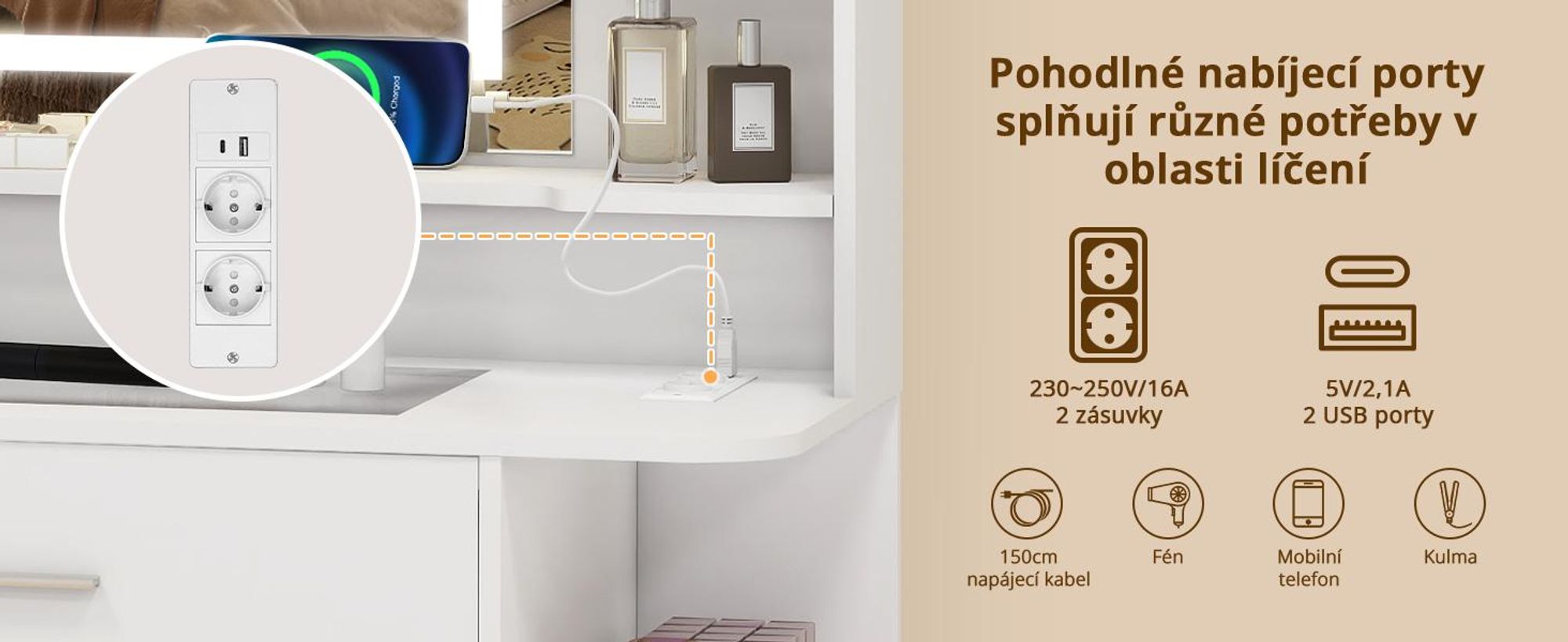 Kosmetický stolek Puluomis s regulovatelným LED osvětlením, toaletní stolek se zásuvkou, držákem na fén, USB porty a zásuvkami, skleněnou deskou, a stolička s úložným prostorem, bílá barva