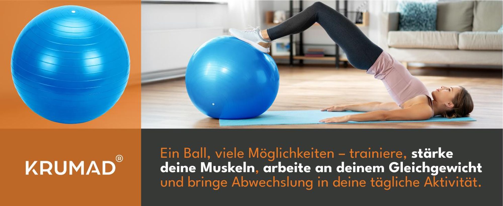 KRUMAD Gymnastikball 65 cm, Fitnessball Pilates Ball Sitzball, Anti-Burst Trainingsball mit Anti-Rutsch Oberfläche, Yoga und Gymnastik