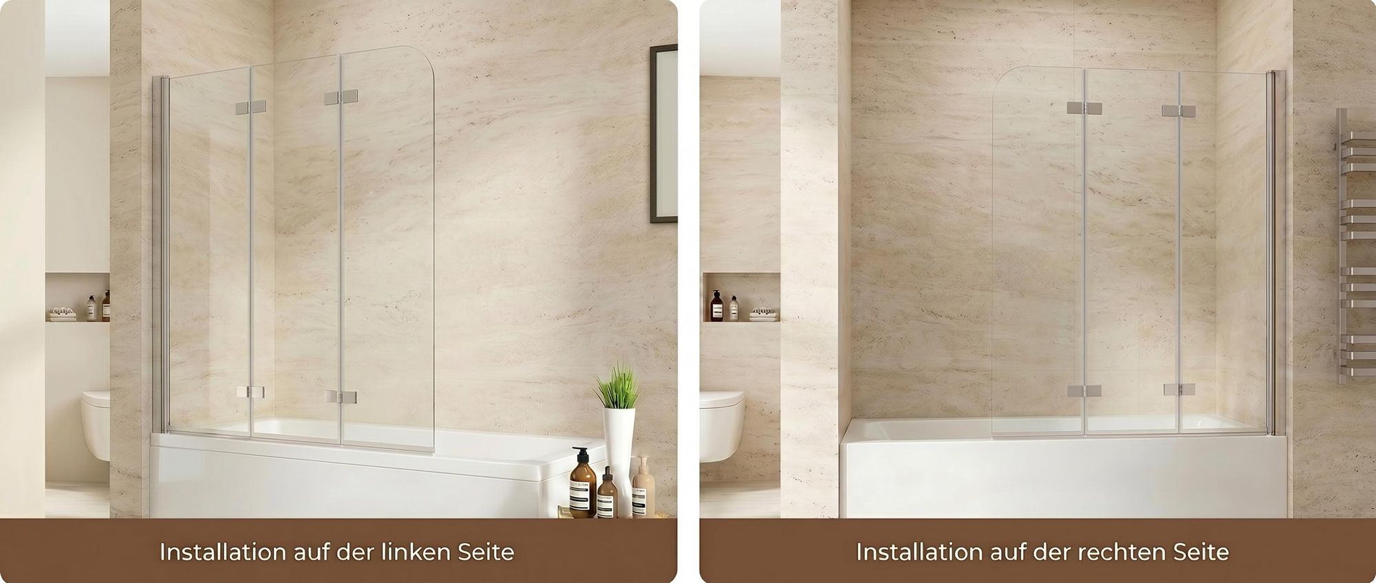 120 x 140 cm Badewannen 3-teilig Faltwand Aufsatz 180° Duschwand Duschabtrennung 6mm Nano Glas DAY-3D