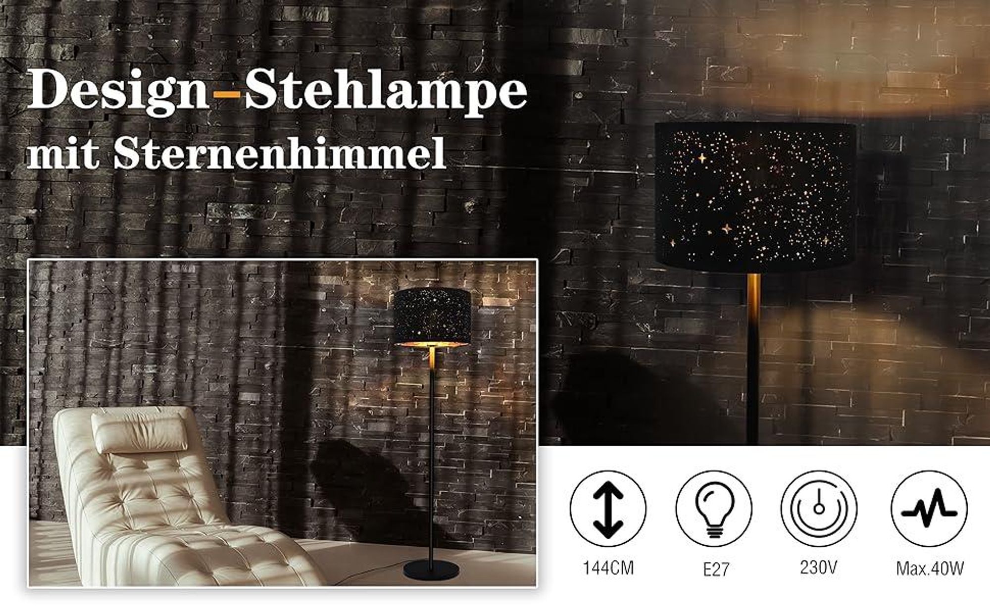 ZMH Lampadaire Salon Lampadaire Noir Or Tissu avec douille E27 Max. 40W Moderne Abat-jour Étoile Design 144cm Lampe sur pied