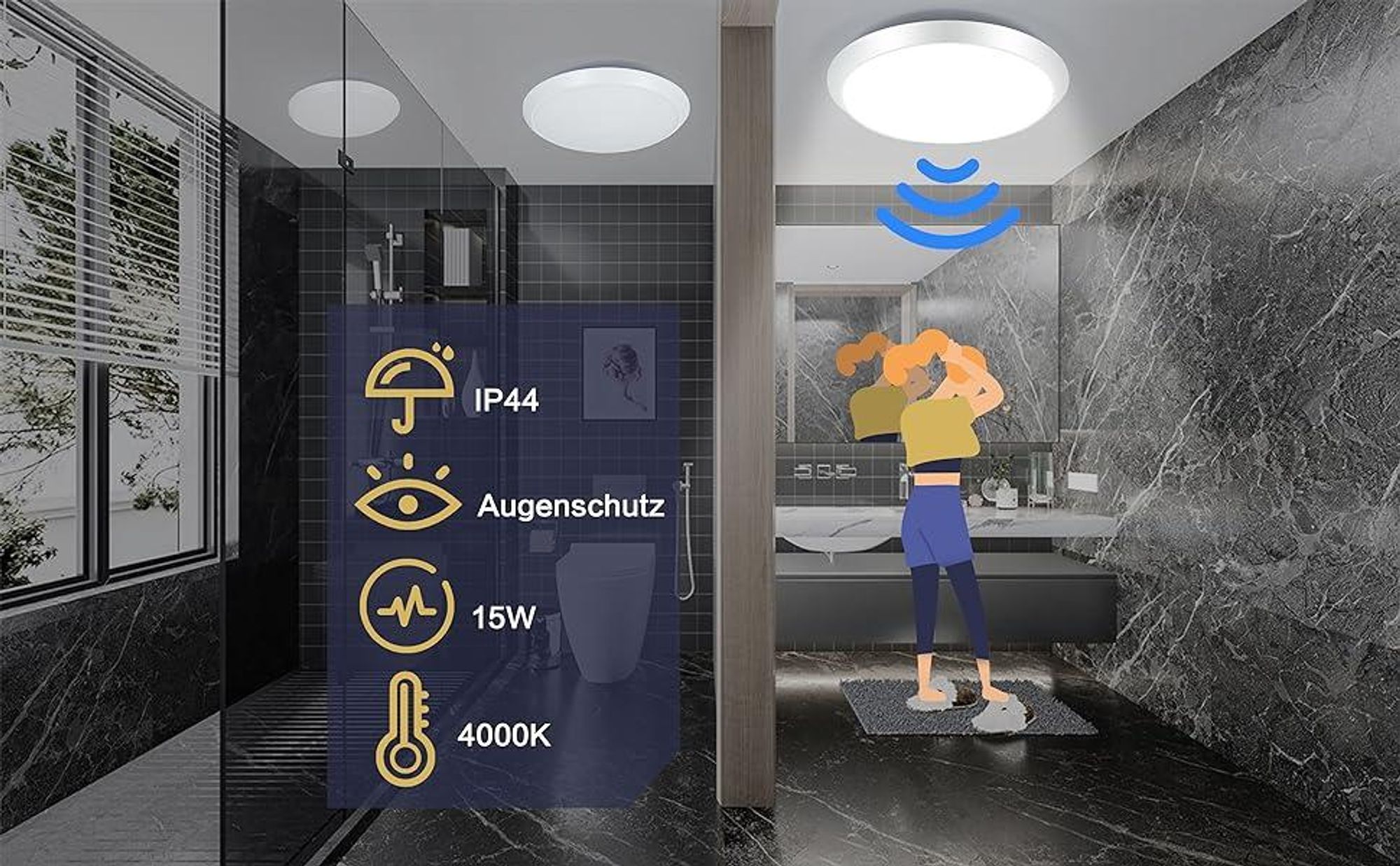 ZMH LED Deckenleuchte mit Bewegungsmelder Deckenlampe Weiß 15W Neutralweiß Flurlampe IP44 15W 30cm für  Garage Werkstatt  Küchen Hotel