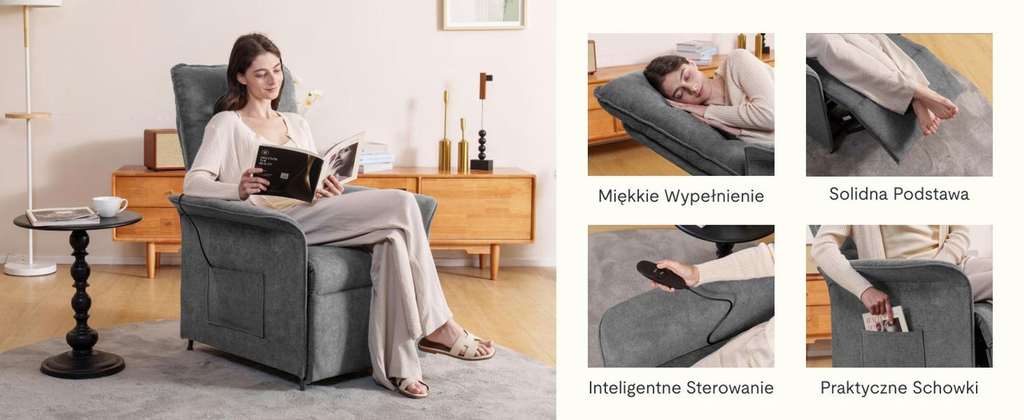 Elektryczna leżanka FLEXISPOT z funkcją odchylania 105°-155°, regulowany telewizor i leżanka do salonu, oparcie i podnóżek (jasnoszary)