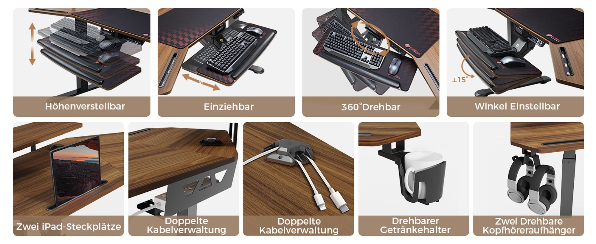EUREKA ERGONOMIC Elektrisch Computertisch 182×76cm Höhenverstellbarer Schreibtisch Stehpult Gaming Tisch mit Monitorständer und Tastaturablage
