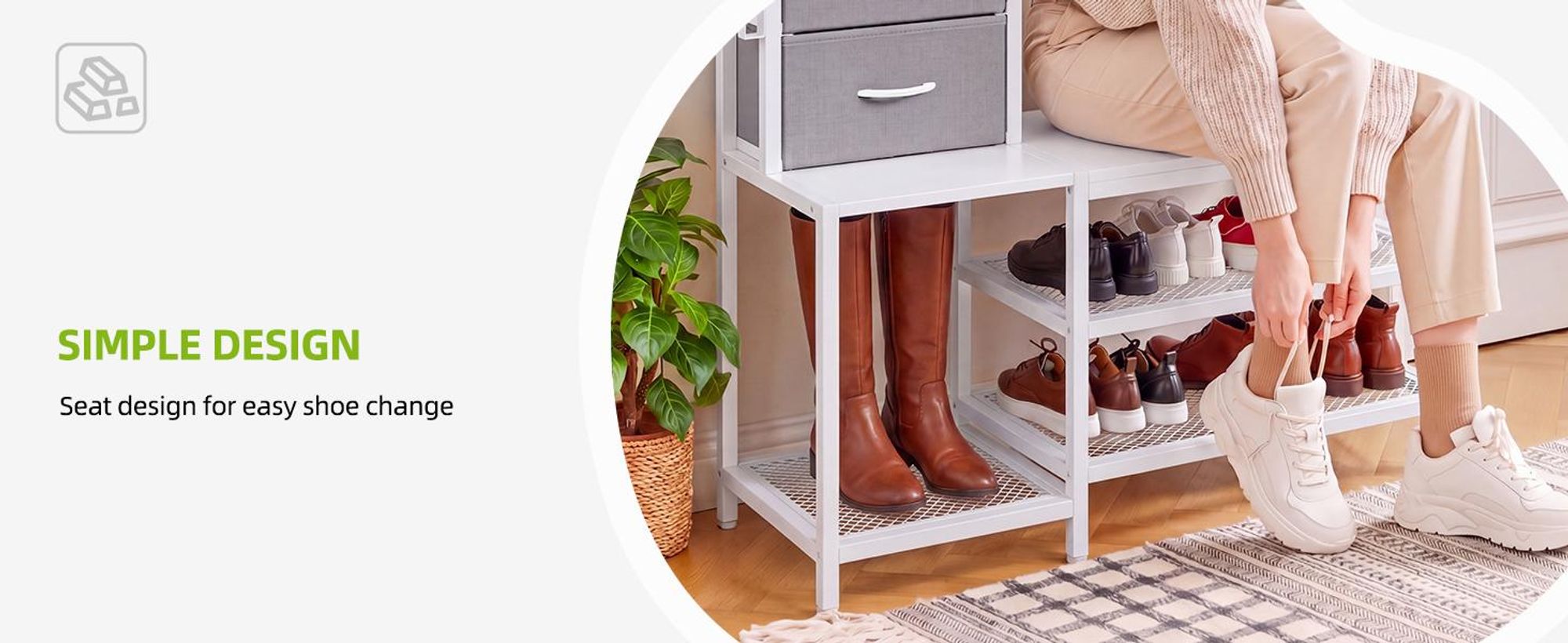 Kleiderständer Garderobenständer Schuhregal mit 9 Haken 2 Schubladen, Flurgarderobe, Sitzbank, 120x40x180 cm, Weiß