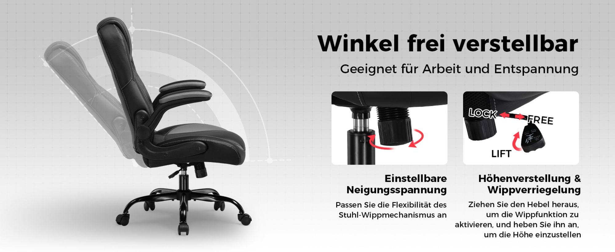 GTPLAYER Gaming Stuhl mit hochklappbarer Armlehne, Gamer Stuhl mit Schaukelfunktion, Ergonomischer Computer Gaming Stuhl mit hochdichtem Schwamm grau
