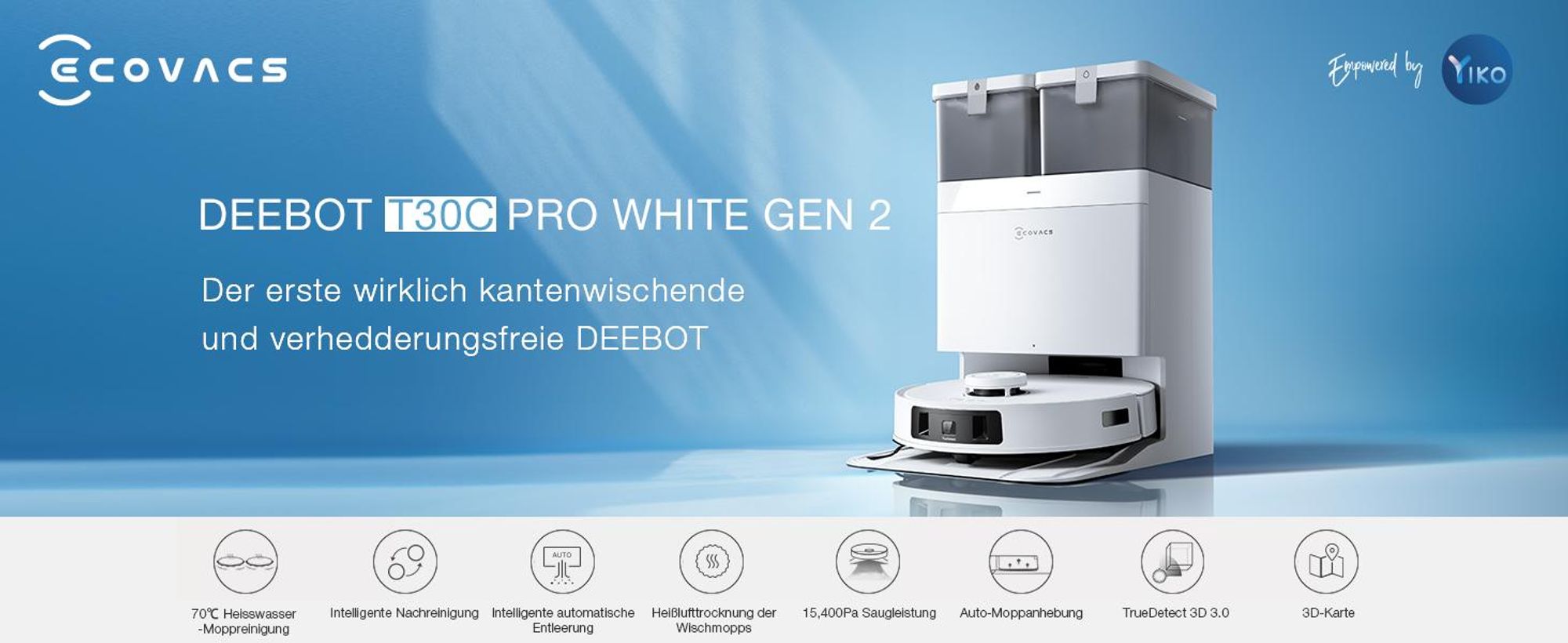 ECOVACS DEEBOT T30C PRO OMNI GEN2 Staubsauger Roboter mit Wischfunktion, 15400Pa Saugroboter/200 Minuten/ Wischroboter Weiß (Upgrade von T30C OMNI)