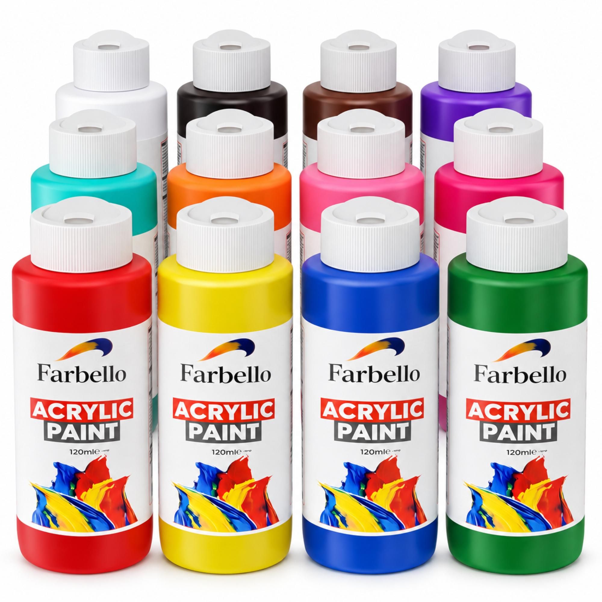 FARBELLO Acrylfarben Set 12 x 120 ml – Hochpigmentiert, Wasserfest, für Leinwand, Holz, Stein & Papier (12 Farben)