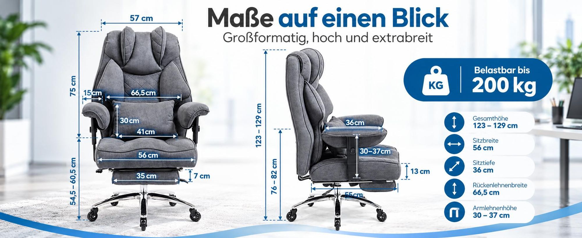 Maße des Bürostuhls: Sitzbreite 56 cm, Gesamthöhe 123–129 cm, belastbar bis 200 kg