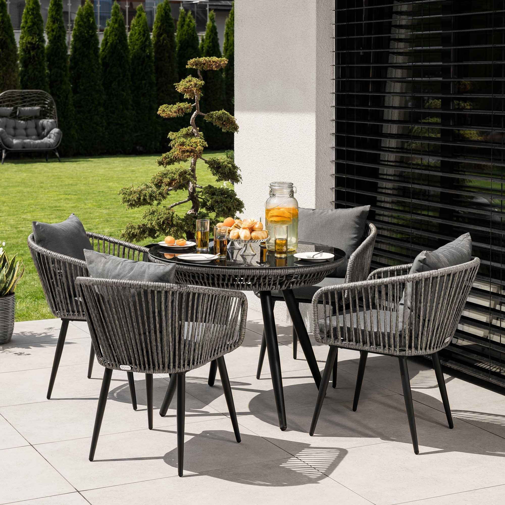 di volio Gartenmöbel Set RIETI - Grau, Sitzgruppe outdoor aus Polyrattan, Essgruppe mit 4 Stühlen und rundem Glastisch, wetterfest