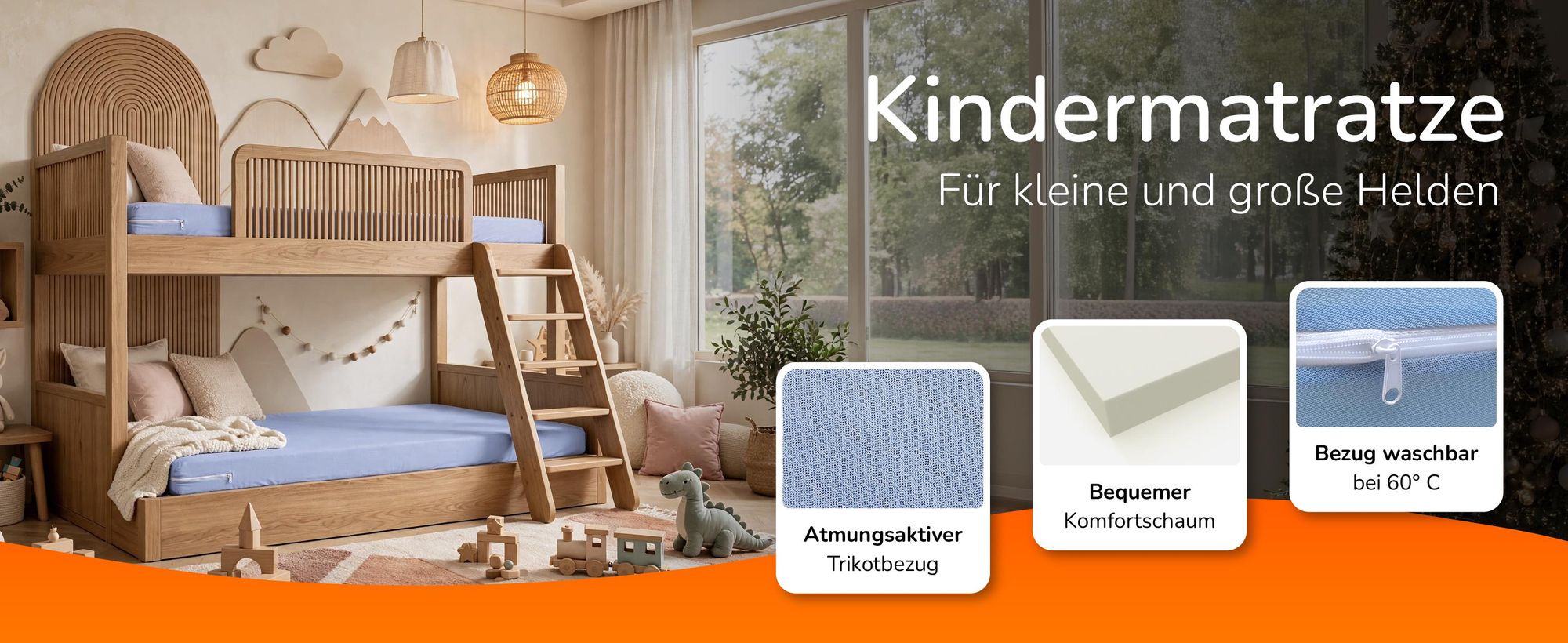 Kinderzimmer mit Etagenbett und blauer Matratze, Titelbanner Kindermatratze aus Komfortschaum