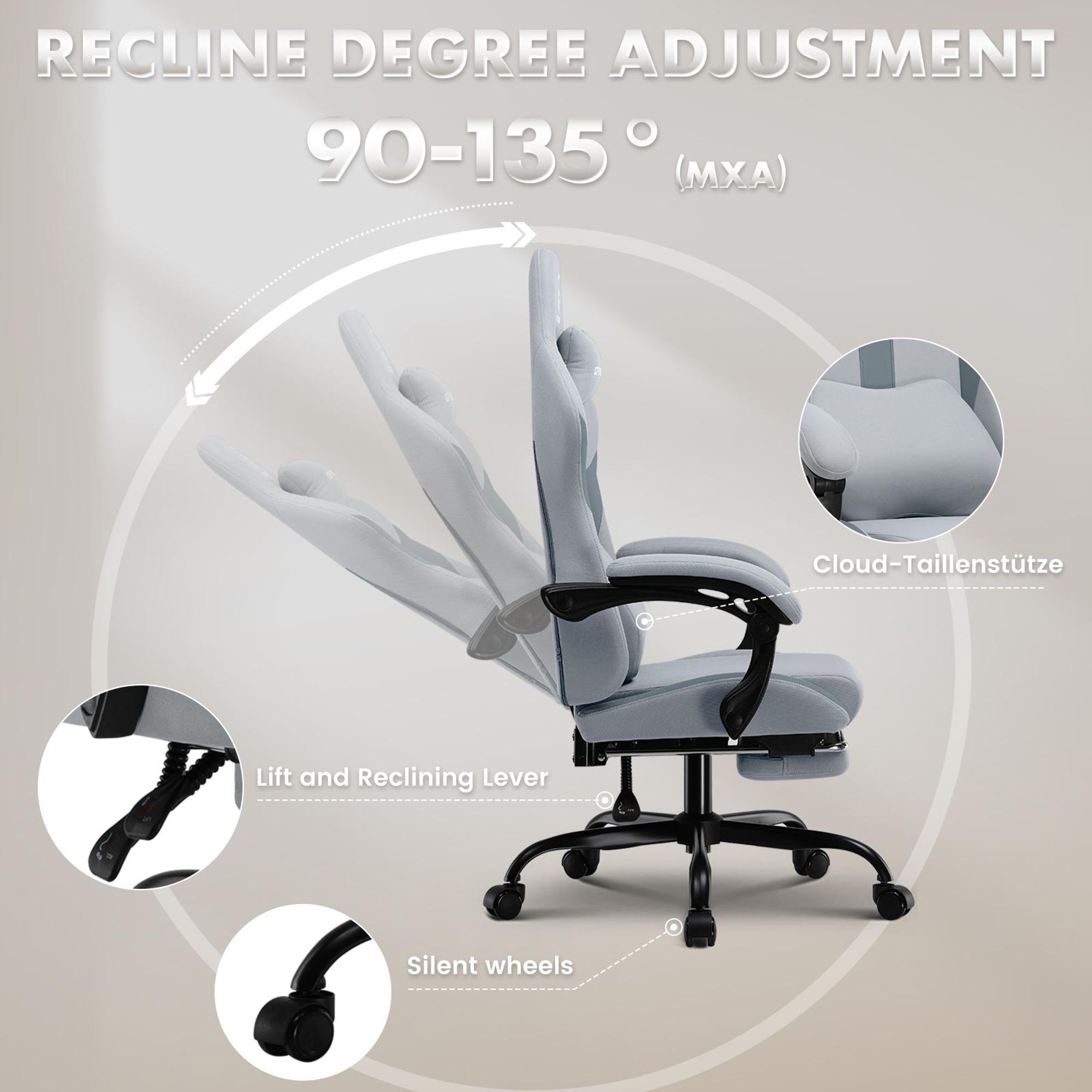 GTPLAYER Gaming Stuhl Ergonomischer Gaming Sessel Schreibtischstuhl mit Stoffoberfläche Atmungsaktiver Bürostuhl Federsitzkissen mit Fußstütze grau