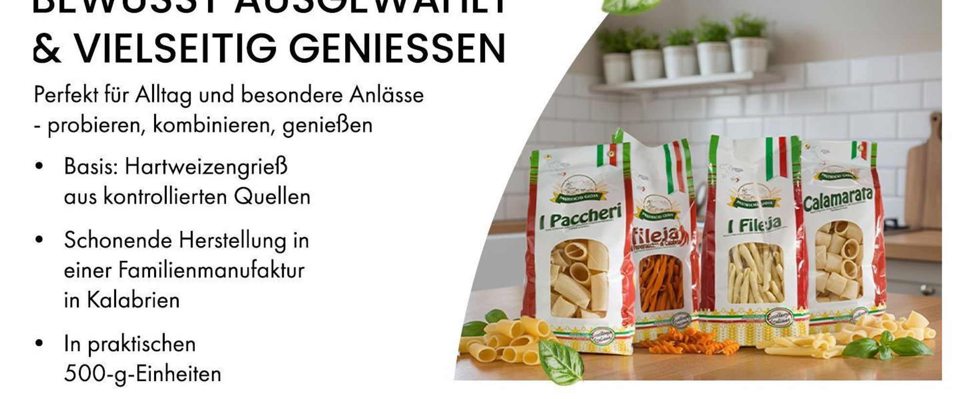 Pastificio Gioia, Nudeln Handgemachte Pasta Hartweizengrieß, Italienische Spezialitäten Lebensmittel Feinkost Delicatessen - Kalabrische Spezialität - Fileja tricolore - 500g