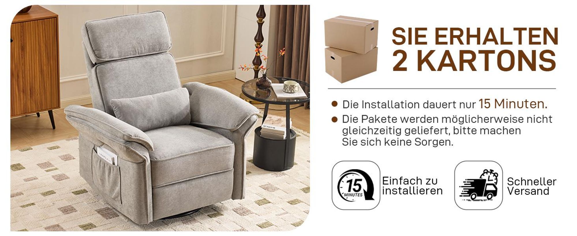 FCH Relaxsessel Fernsehsessel, elektrischer Neigungs, 300° Drehfunktion, verstellbare Kopfkissen Armlehnen,Hellgrau