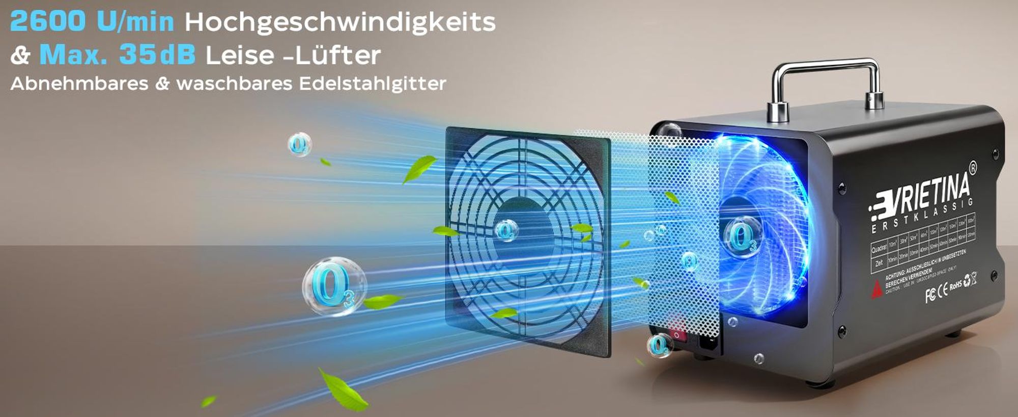 Ozongenerator 65000 mg/h, bis 300 m², Timer, Leise≤35 dB, Ozonisator Industrie, Geruchsbeseitigung/Desinfektion für Industrie, Haushalt, Auto, Hotel