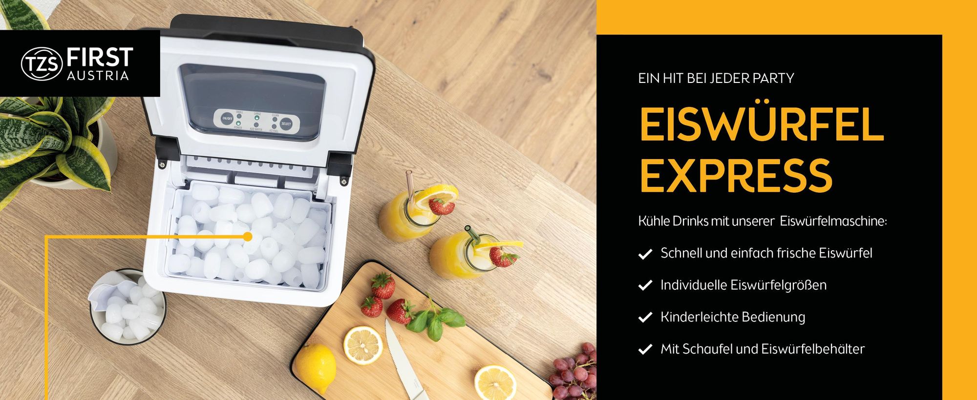 TZS First Austria - Eiswürfelmaschine 1,8L - 150W - 9 Würfel in 7-9 Min - 12 kg 24 Std - Schwarz