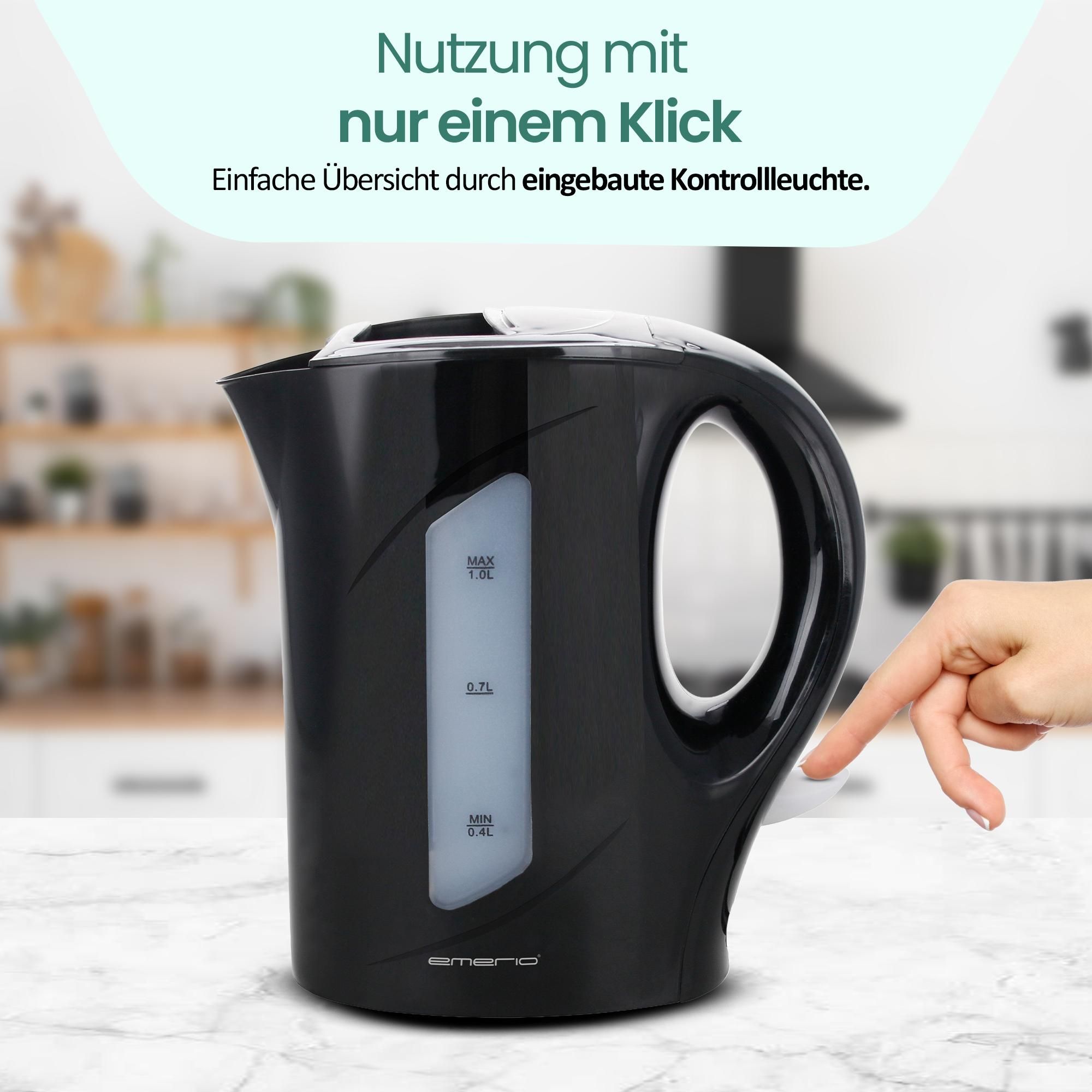Emerio Wasserkocher 1 Liter – Überhitzungsschutz – Automatische Abschaltung – Wasserstandsanzeige – 900 W – WK-121616.1 - Schwarz