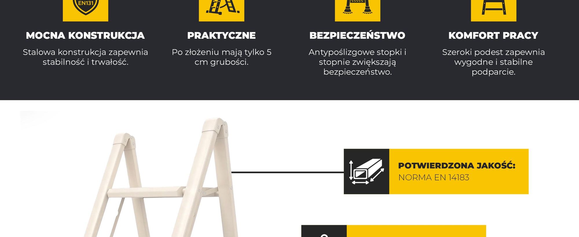 Drabest | Drabina składana, 3-stopniowa - wysokość 2,66 m - maksymalne obciążenie 150 kg - stopnie antypoślizgowe - kolor kremowy