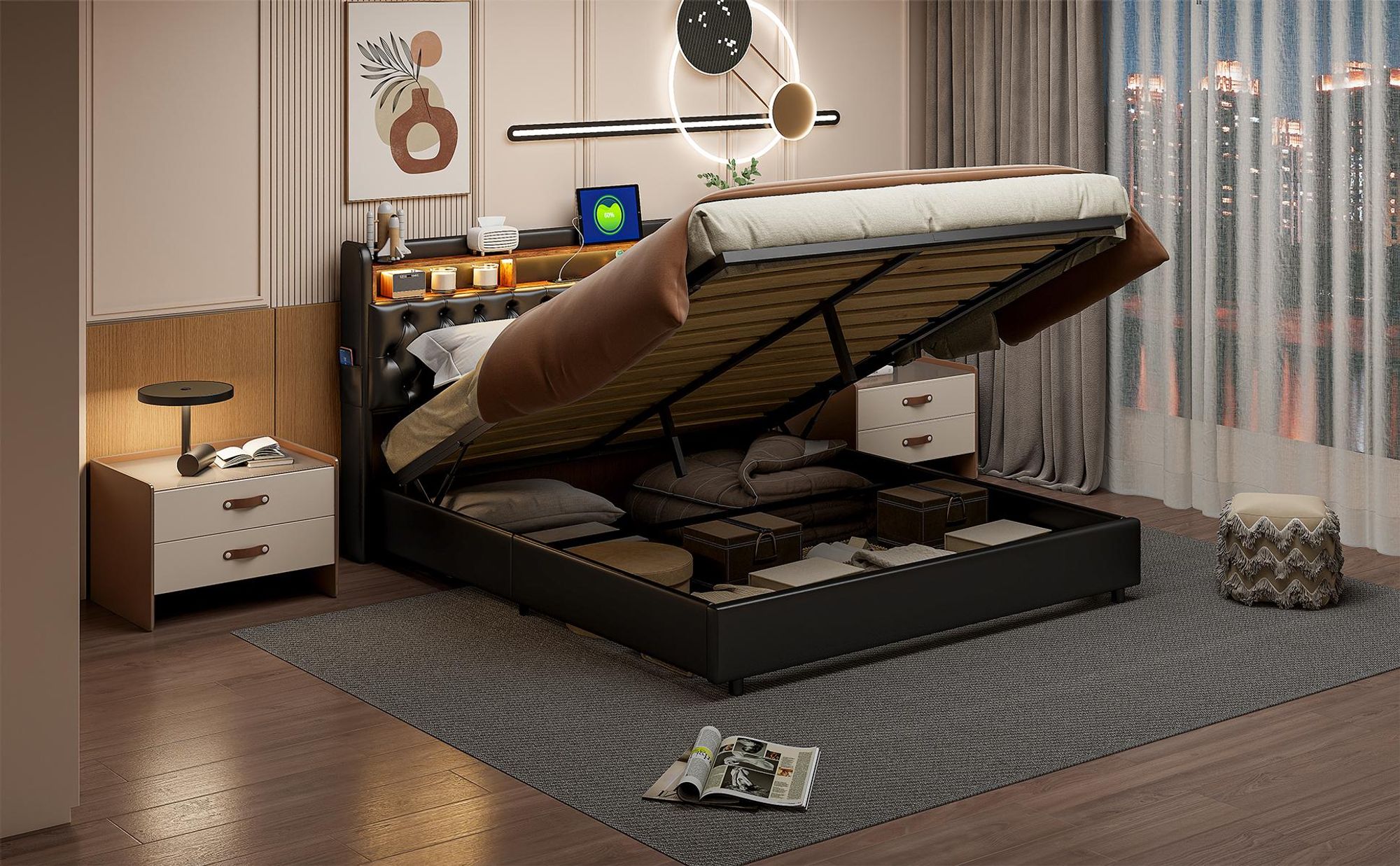 INONEFT Boxspringbett 180×200 mit USB Ladefunktion,Polsterbett Jugendbett mit LED,Hydraulisches Doppelbett,Stauraumbett, PU, Schwarz.