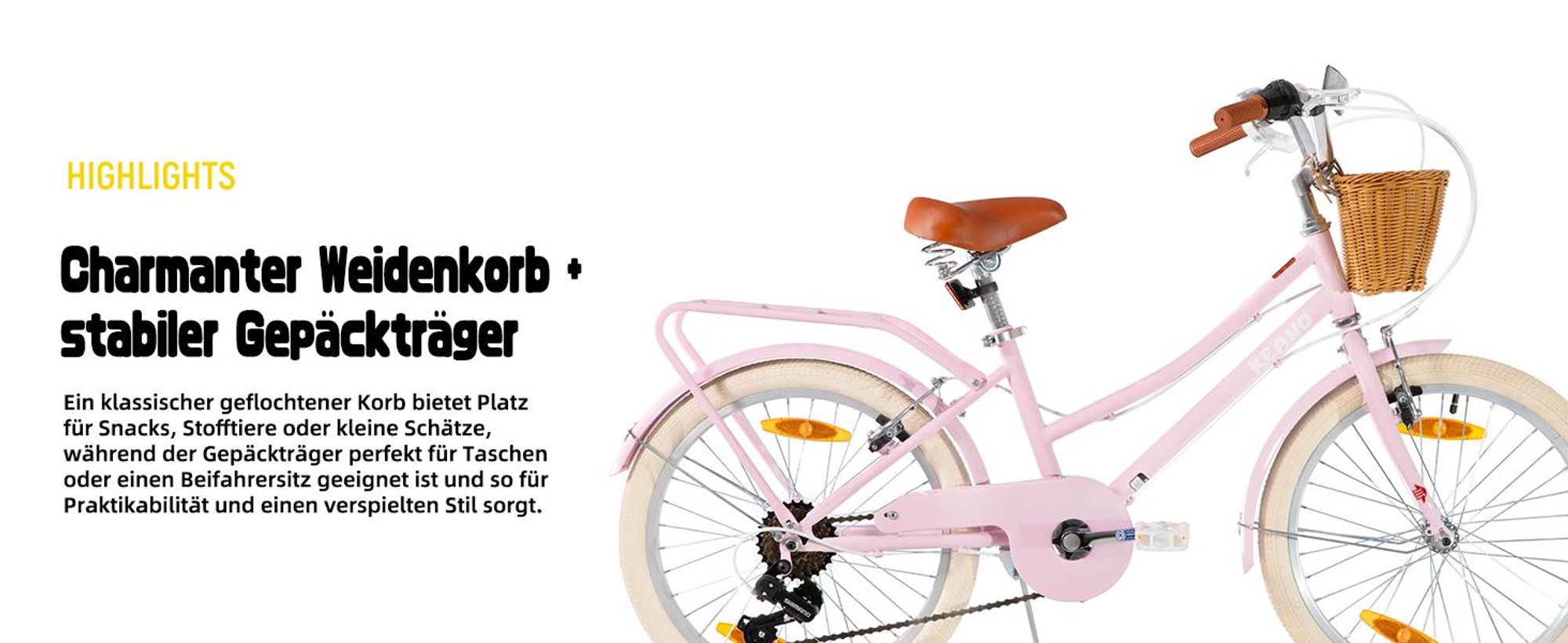 Mädchen Kinderfahrrad 20/24 Zoll, 7-Gang Shimano, V-Bremsen, Weidenkorb, Prinzessinnen Stil