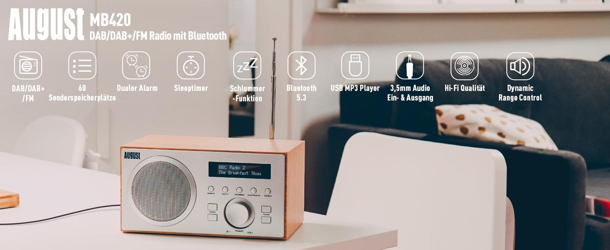 DAB+/FM Radio mit Bluetooth digitales Küchenradio mit Holzgehäuse - August MB420