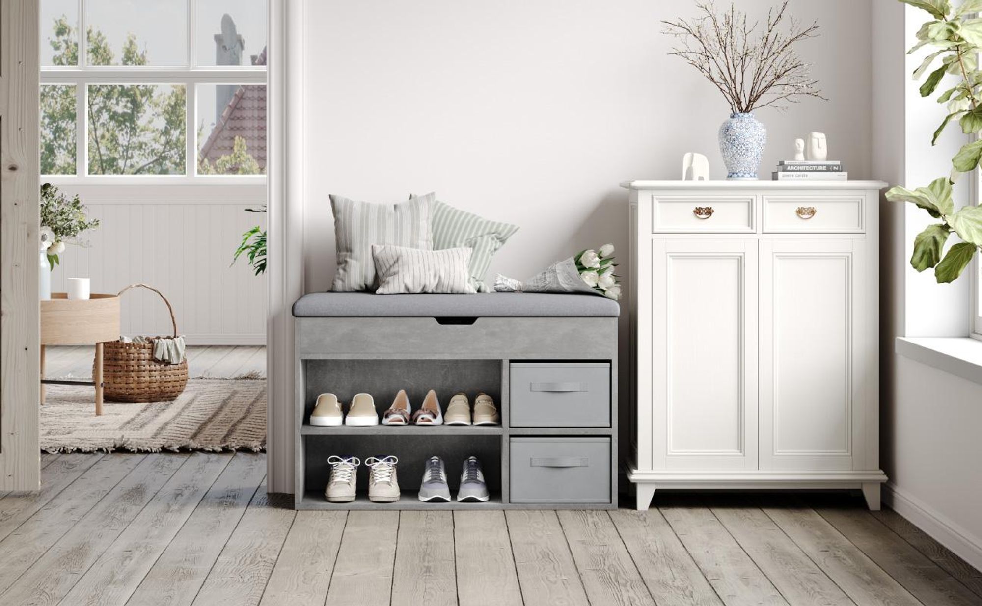 Mondeer Schuhbank mit Sitzfläche, Holzschuhablage mit Stoffschublade und Aufklappbarem Kissen, für Wohnzimmer, 80 x 48 x 30 cm, Grau