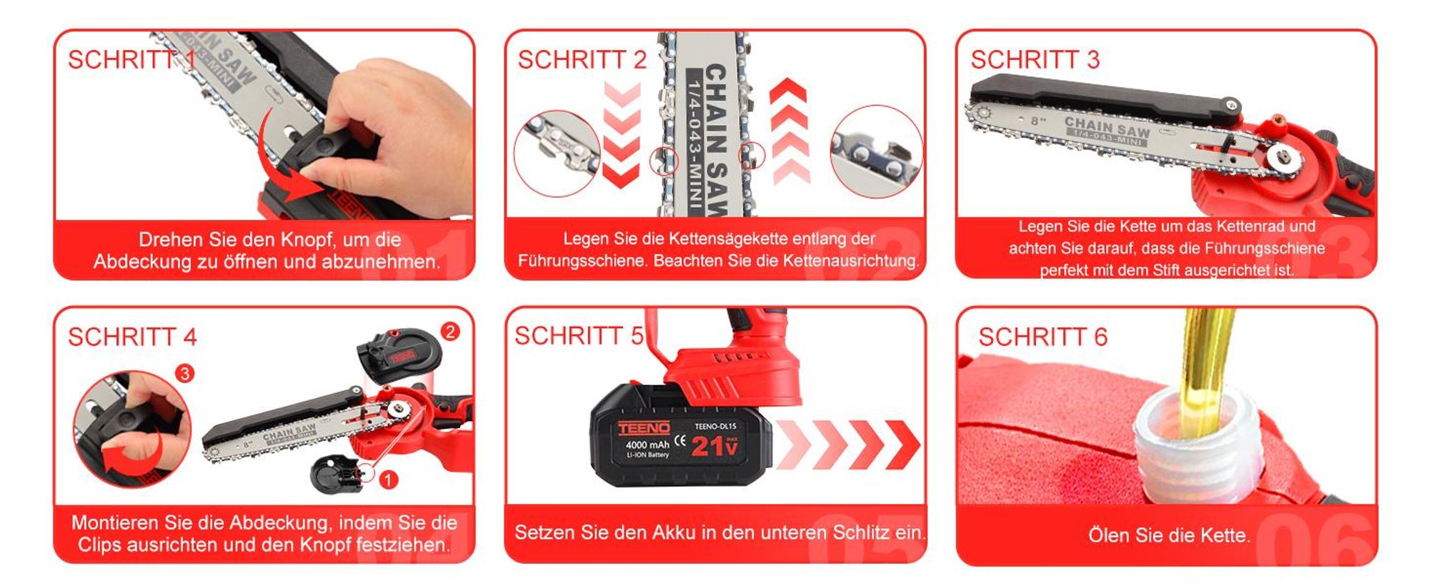 TEENO Akku Mini Kettensäge 6&8 Zoll 2-in-1, 6 Ketten (3×6"+3×8"), Bürstenloser Motor, 2×4000mAh Li-Ion Akku, 5500 U/min, Leicht & Tragbar für Garten