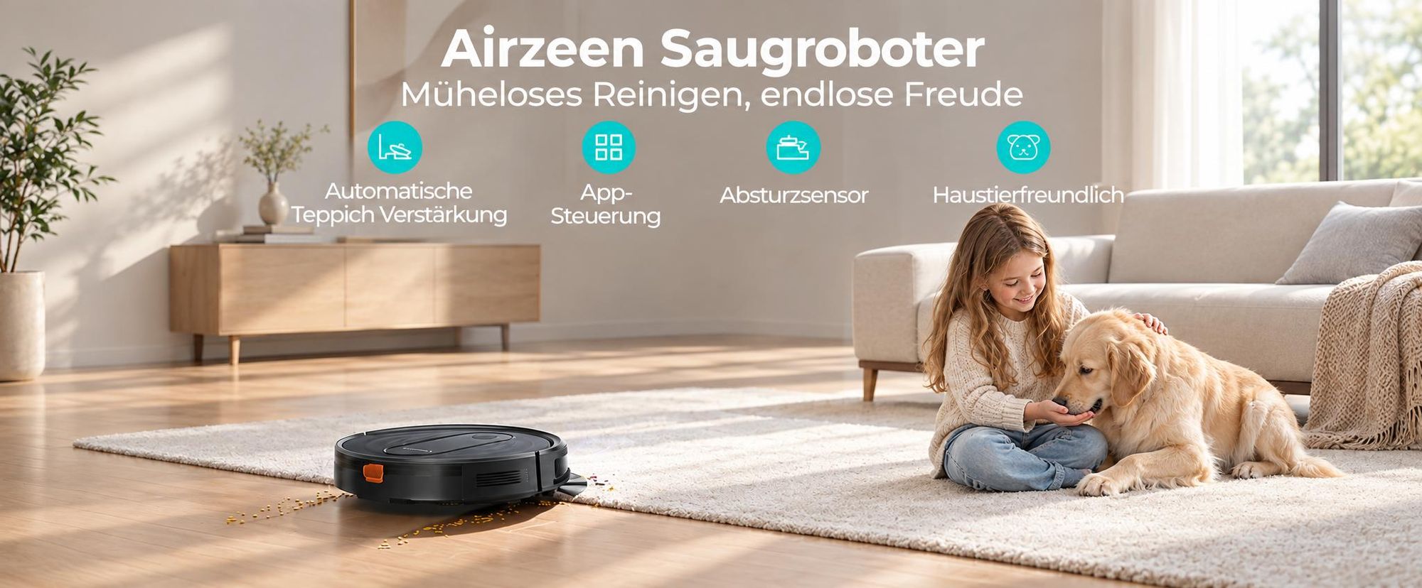 Airzeen Saugroboter mit Wischfunktion , 3in1 Roboterstaubsauger 8000Pa Starke Saugleistung Leiser Roboter-Staubsauger, App/WiFi, 120 Min Laufzeit
