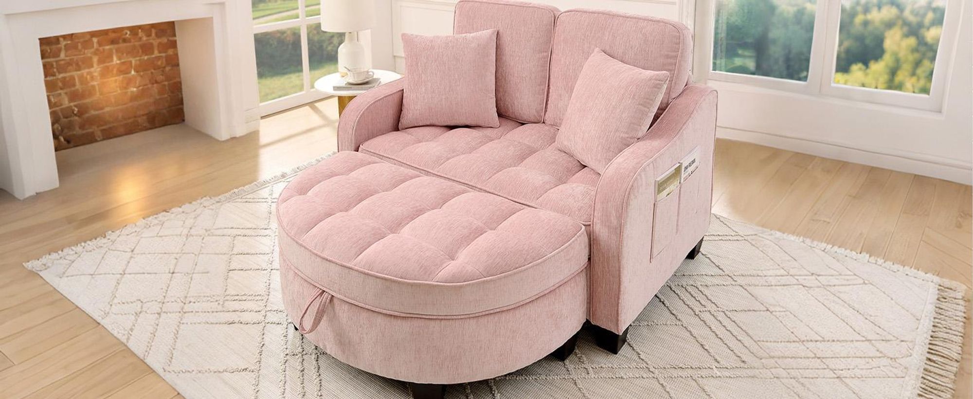 MODFU Multifunktionales Sofa Schlafsofa mit Aufbewahrungs-Hocker,Relaxsofa mit rutschfeste Kunststoffbeine,Rosa