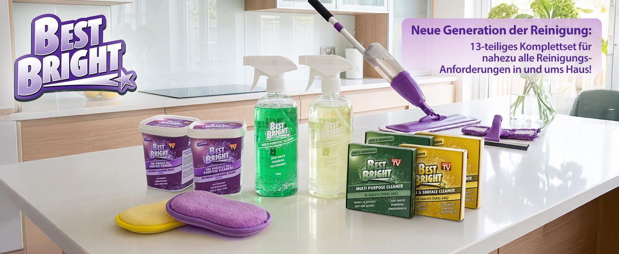 Best Bright Bodenwischer Reinigung Set 13 tlg Wischmopp mit Srühfunktion Mikrofaser Wischpad Schwamm, komplettes Reinigungssystem für Küche Bad Böden