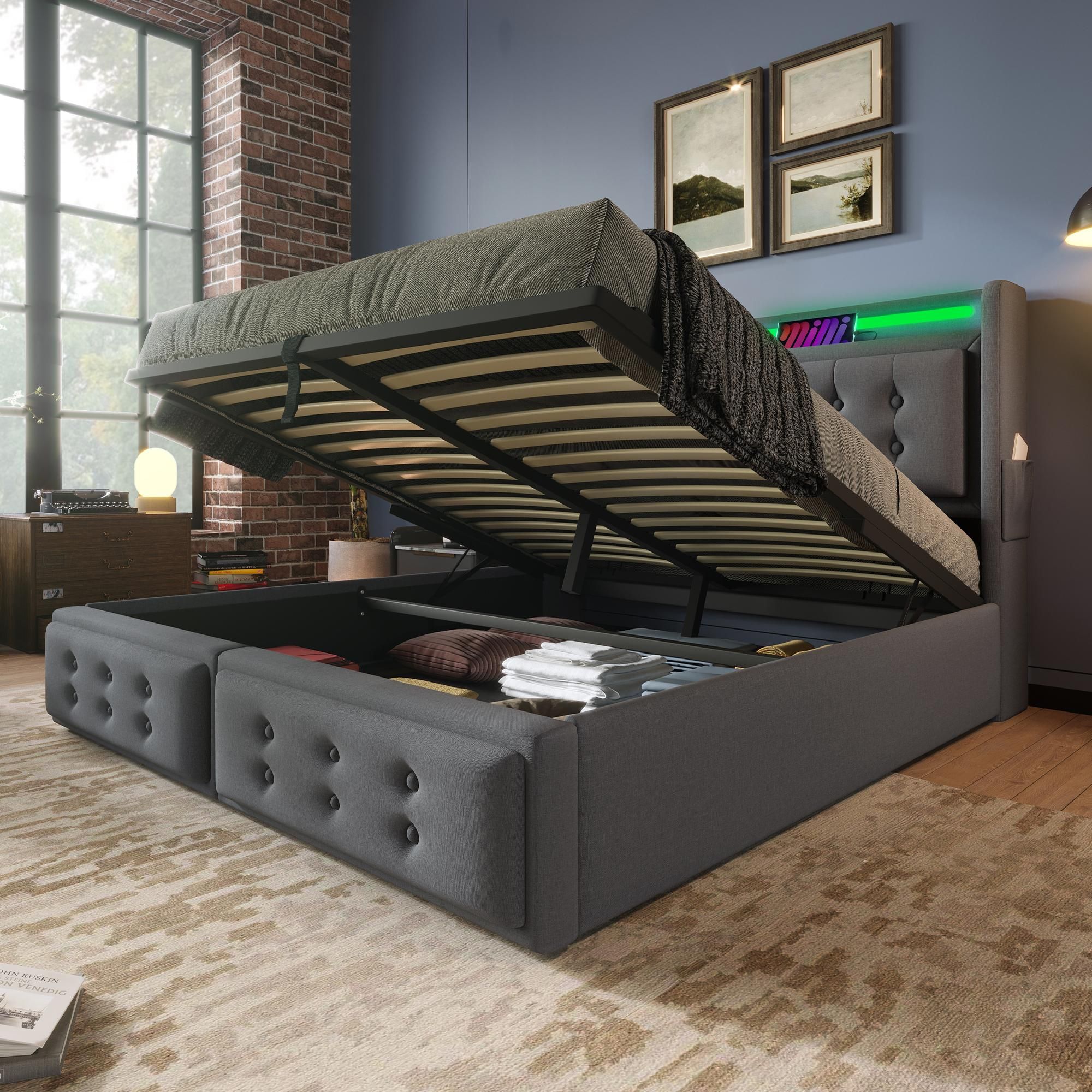Flieks Polsterbett 180x200cm mit Ladefunktion, Doppelbett Jugendbett mit LED, Hydraulisches Stauraumbett Boxspringbett mit Lattenrost, Baumwolle, Grau