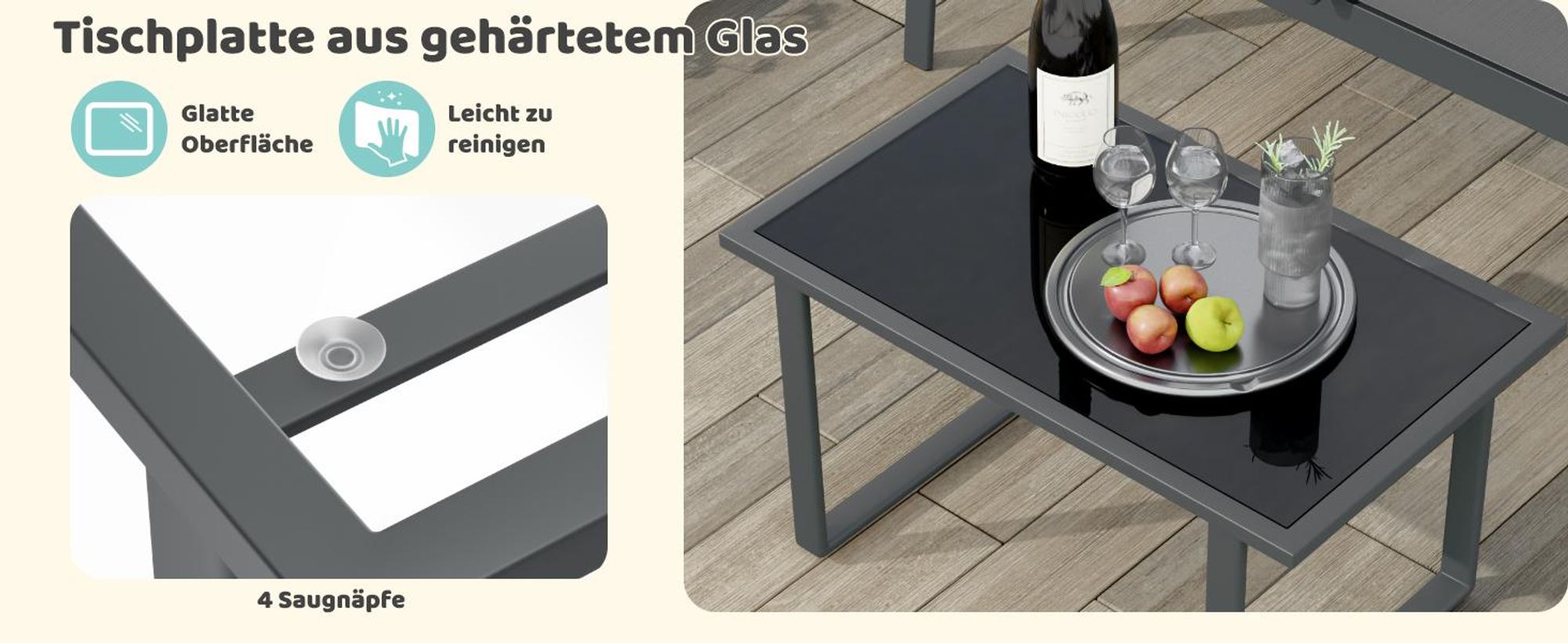 Mondeer Gartenmöbel-Set 4-teilig, Sitzgruppe mit Armlehnen & Glas-Tisch, Wetterbeständig für Balkon Terrasse Grau