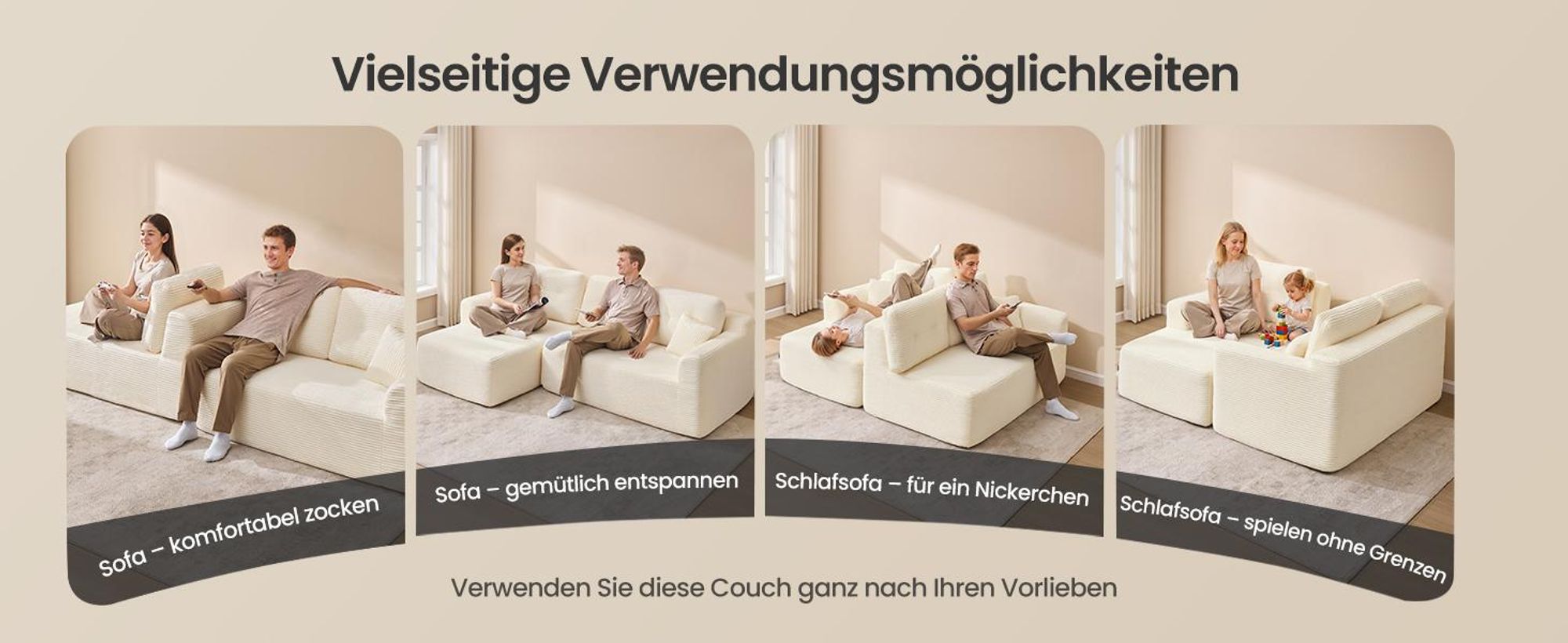 VASAGLE Modulares Sofa, Ecksofa mit Liege links, 244 cm breit, vakuumverpackt, keine Montage erforderlich, weiß
