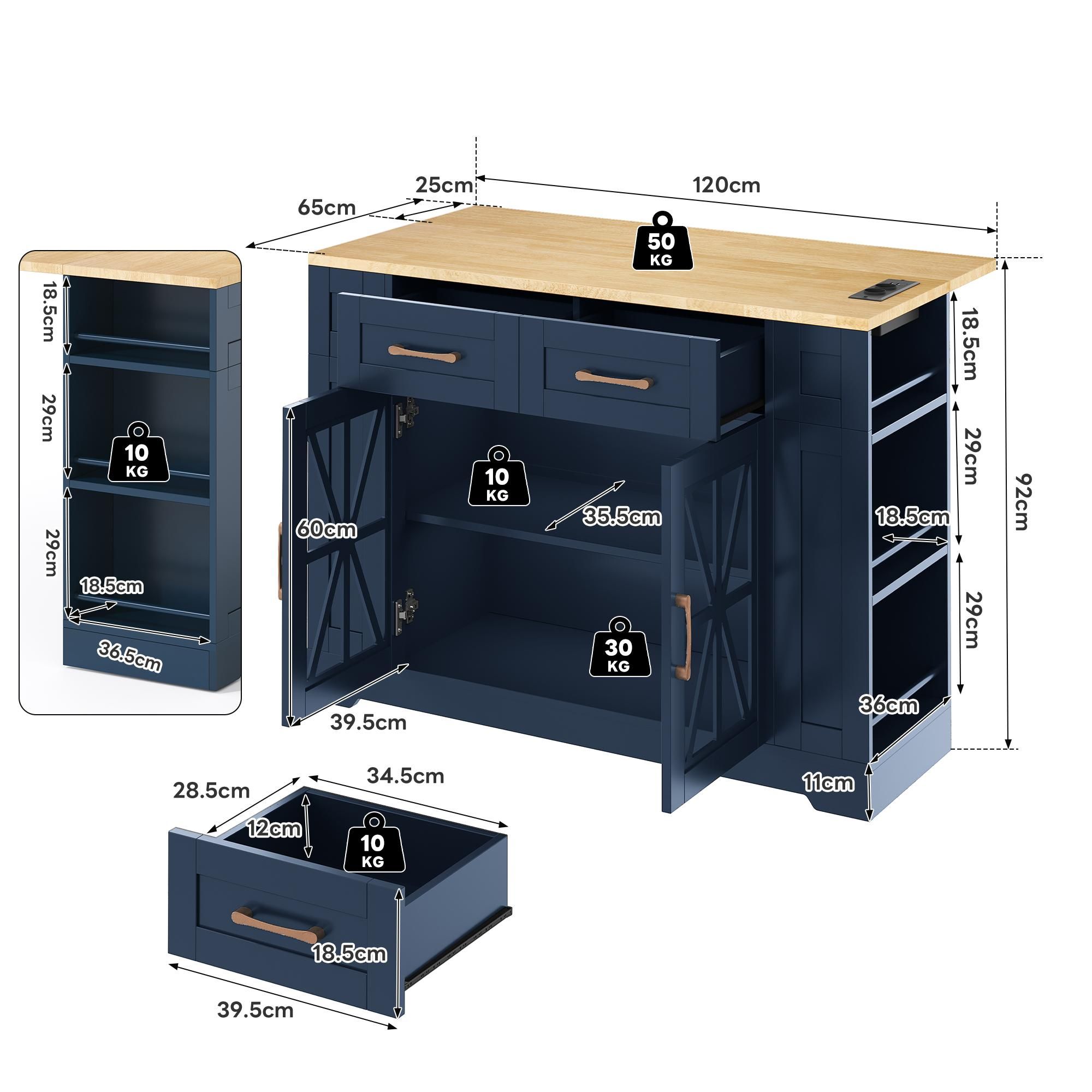 Flieks Servierwagen mit klappbarer Arbeitsplatte, Küchenwagen mit AC-Anschluss und USB-Anschluss, Küchenschrank mit Glastüren, Blau