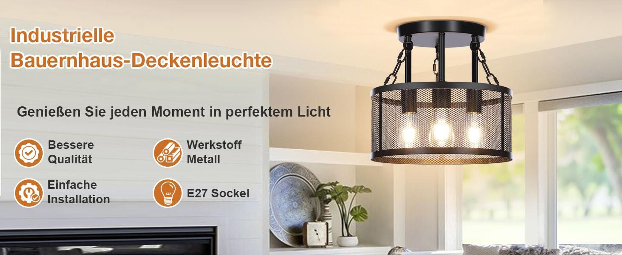 Modern Deckenleuchte Schwarz Metallrahmen 3-Flammige E27 Deckenlampe Küche Flur Wohnzimmer Schlafzimmer Esszimmer