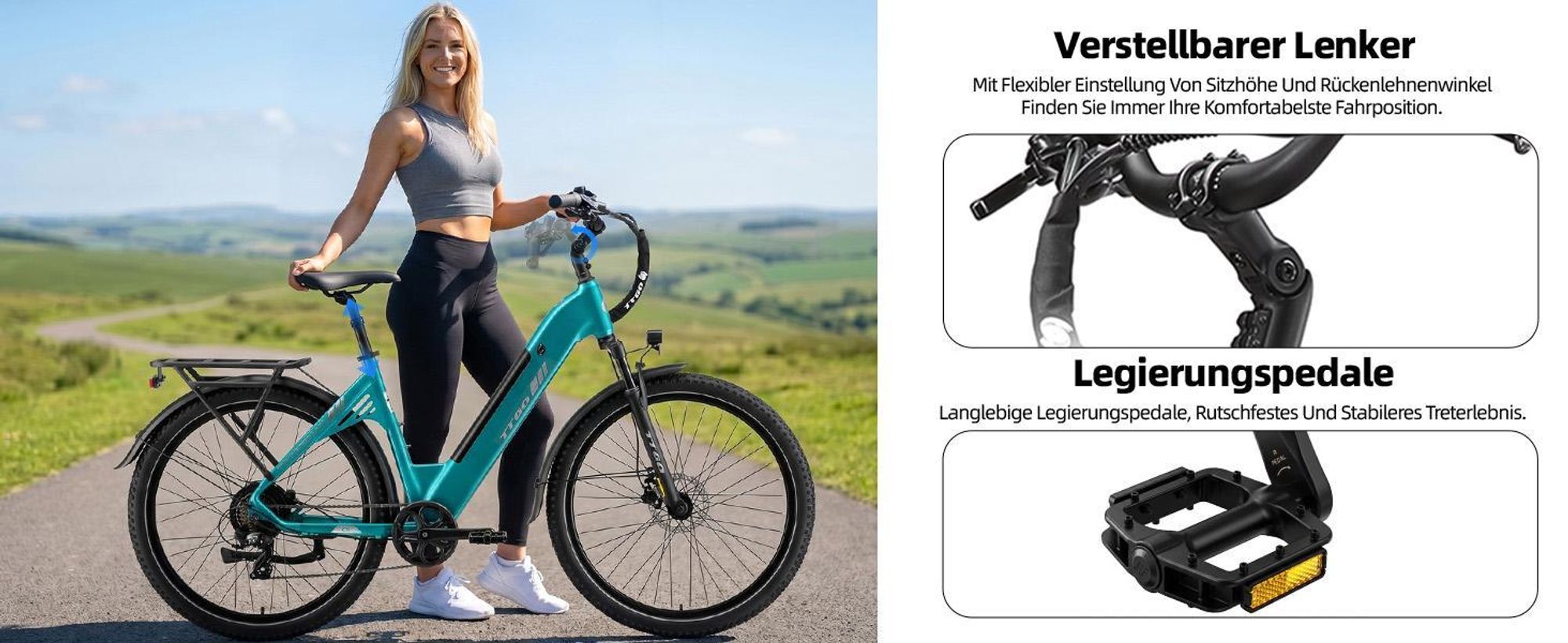TTGO E-Bike 28x2,4 Zoll, 110km, 70 Nm Hinterradmotor, C5, ZOOM Federsattelstütze 7 Gang Shimano 648 Wh Tiefeinstieg, Pedelec, Elektrofahrrad Grün