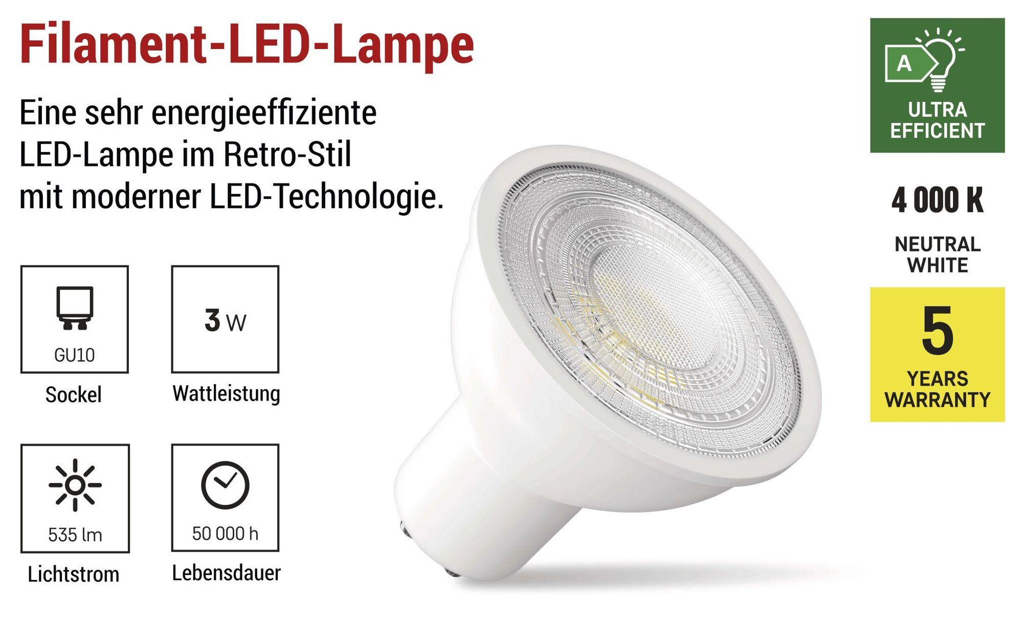 EMOS LED Lampe Spot A Class, MR16 mit GU10 Sockel, 3W Ersatz für 40W, Helligkeit 535 lm, Neutralweiß 4000 K, 30000 h Lebensdauer, 100°, weiß, ZQ8338