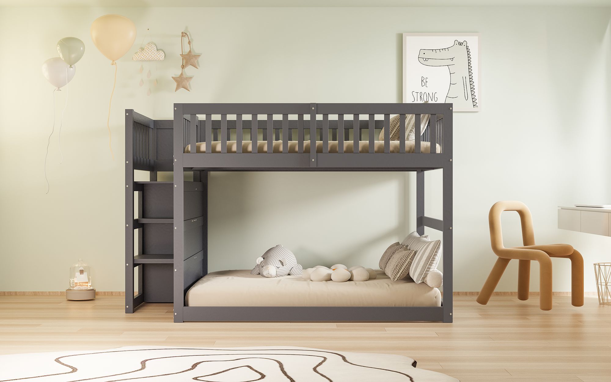 Merax Etagenbett 140x200cm mit Lattenrost, Hochbett mit Staufach und Schublade, Kinderbett mit Rausfallschutz und Treppe, Holzbett Jugendbett, Grau