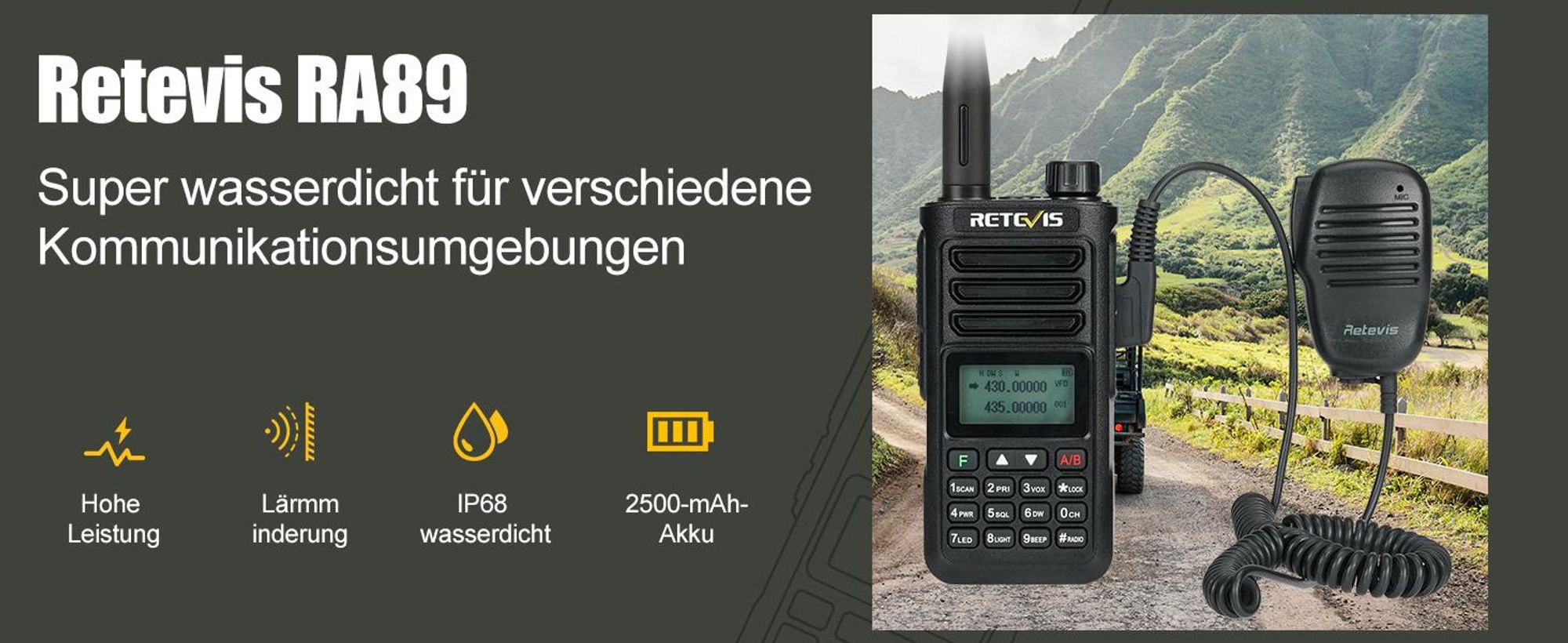 Retevis RA89 Amateurfunkgerät, Dualband Funkgerät, Unterstützung Chirp Amateurfunk, IP68, COMP, 1750hz, DTMF, VFO, Langstrecken,2500mAh Akku,Typ-C