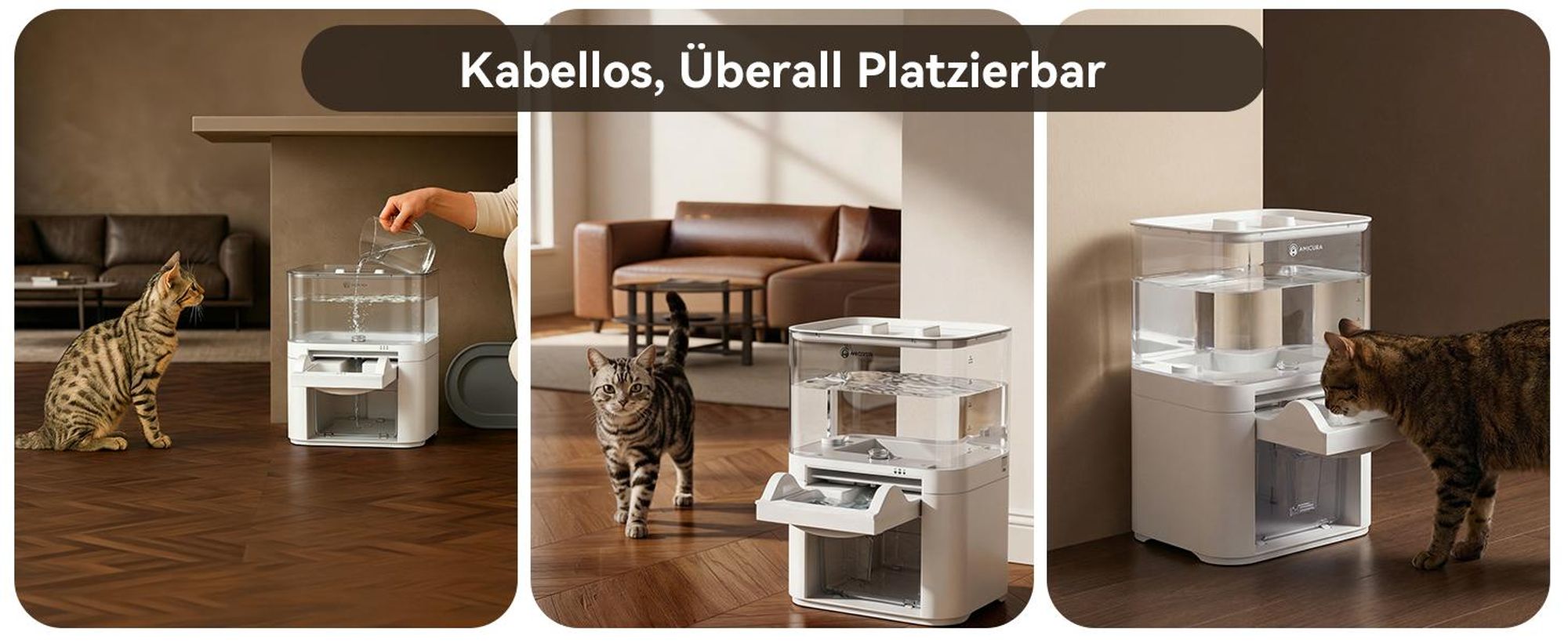 Kabelloser 5-in-1-Wasserbrunnen für Katzen, AMICURA A10, 180 Tage Laufzeit, 10.000 mAh, 2 l großes Fassungsvermögen