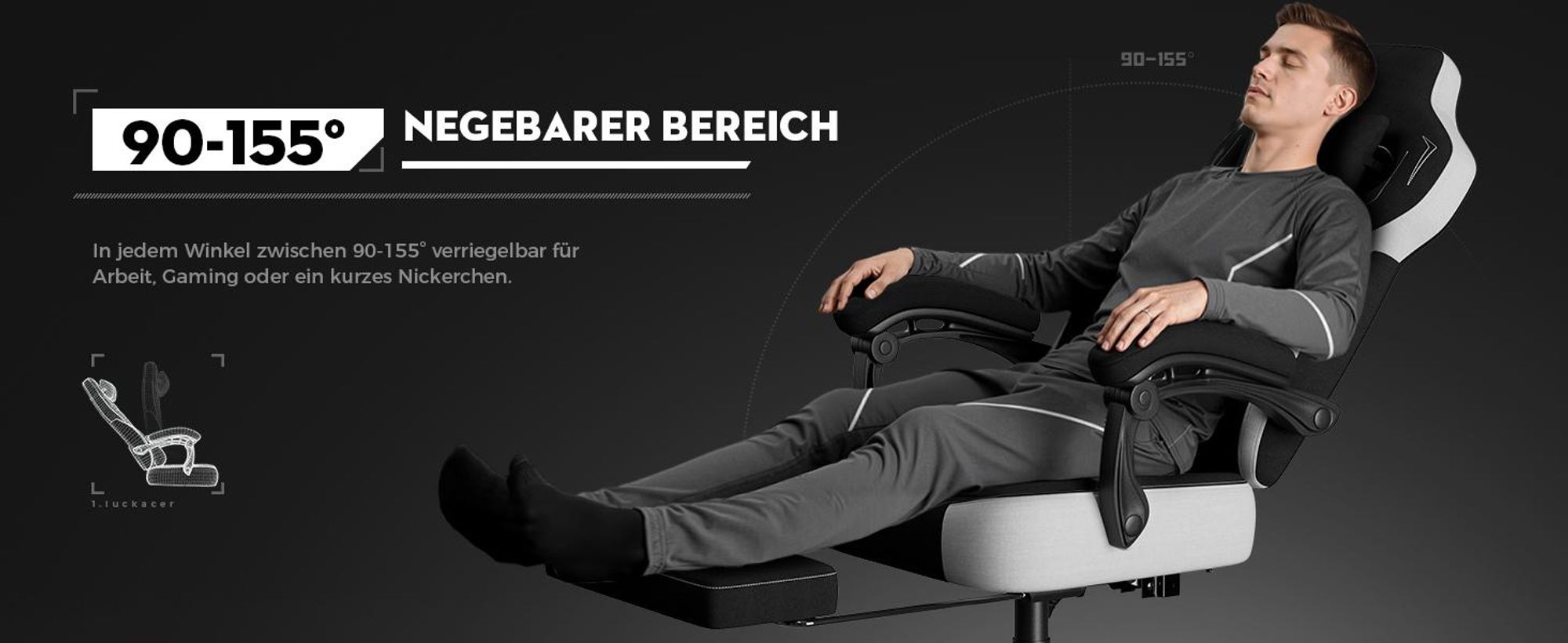 LUCKRACER Gaming Stuhl, Bürostuhl mit verbundenen Armlehnen, Memory-Schaum-Kissen, 90–155° Neigungswinkel und Fußstütze, strapazierfähigem Funktionsge