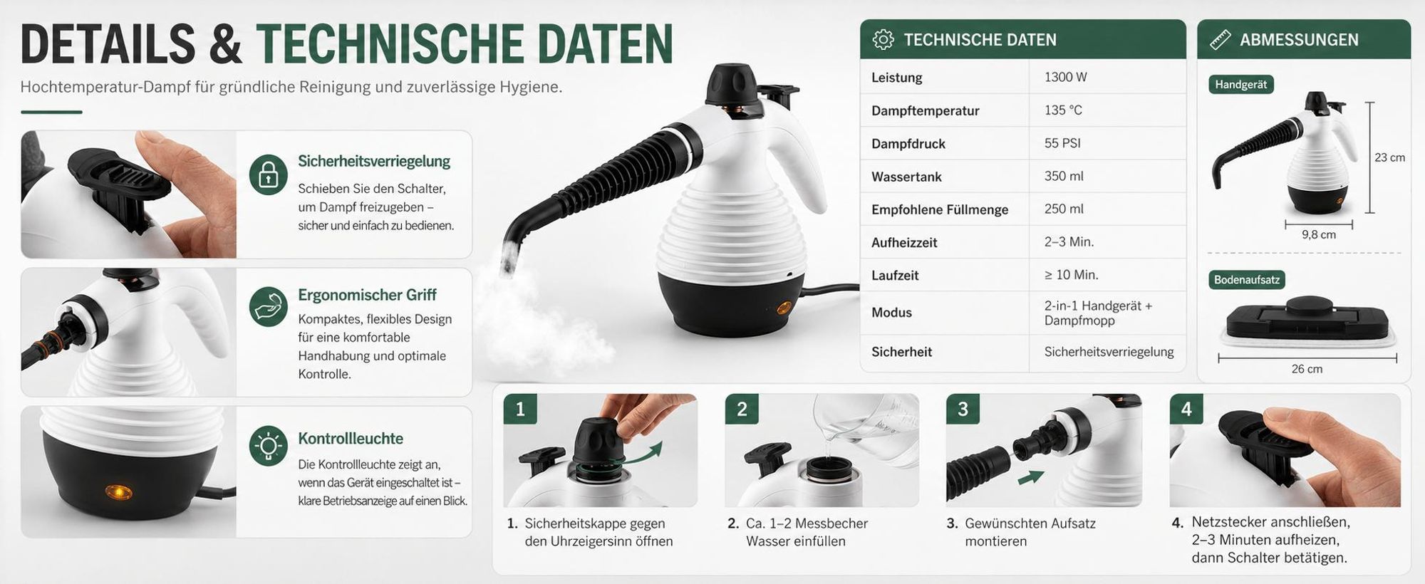 1050W Natürlicher Dampfreiniger, Hand-Dampfreiniger mit 16 Zubehör, Heimgebrauch Mehrzweck-Dampfgarer für Böden, Fenster, Küche, Sofas, zur Reinigung