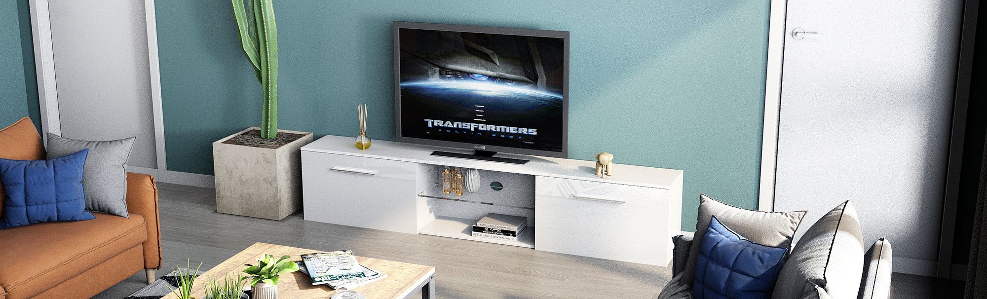Mondeer Lowboard TV-Schrank LED-TV-Ständer mit 16-Farben-LED-RGB-Leuchten Weiß
