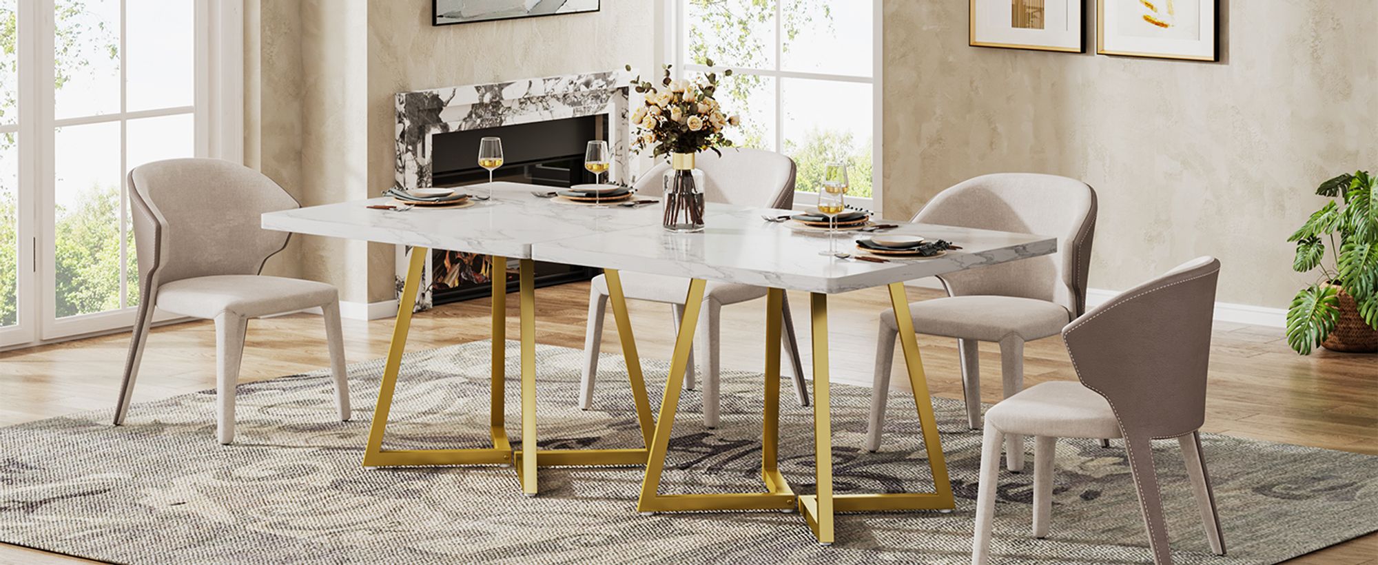 Tribesigns Esstisch, Esstisch klein, Küchentisch, Esszimmertisch, 80 x 80 cm, für 4 Personen, Metallfuß im Industriestil, in Gold und Weiß