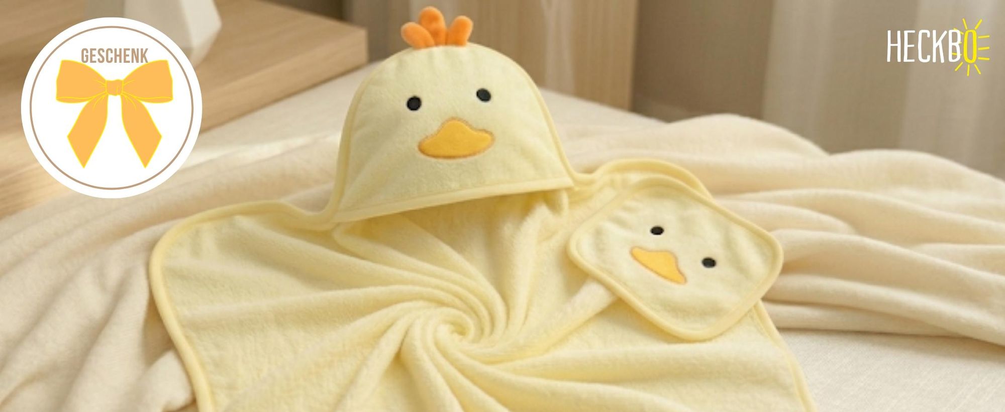 HECKBO Baby Kapuzenhandtuch Küken mit Waschlappen | 90x100 cm | Bambus-Viskose Badetuch mit Druckknöpfen |Babyhandtuch für Jungen & Mädchen ab Geburt