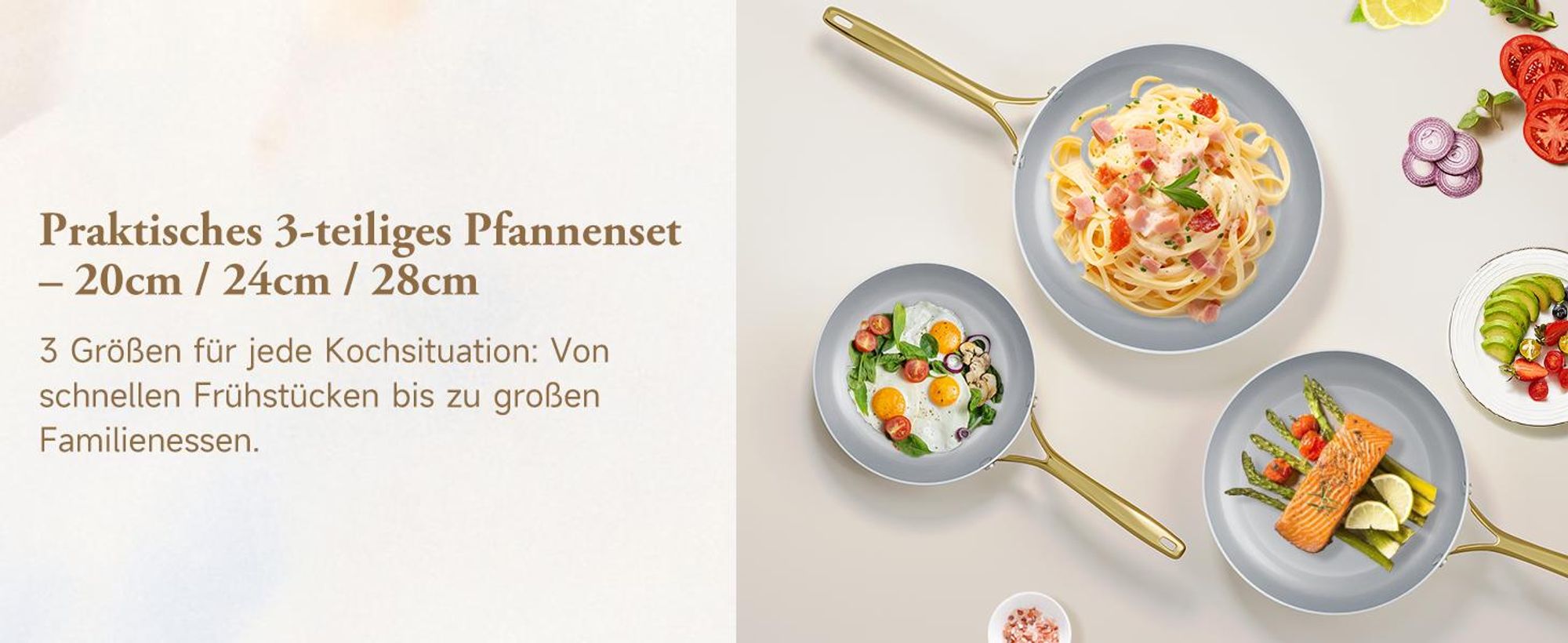 Keramikpfanne Pfannenset Pfanne 3TLG Bratpfanne Ø20/24/28cm,Induktion für alle Herdarten