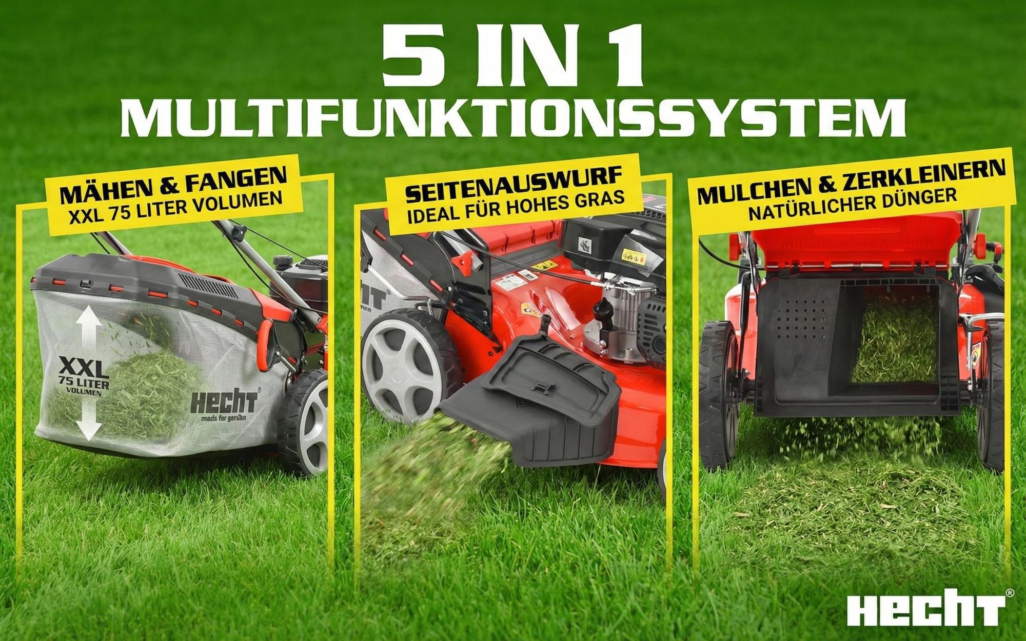 HECHT 554 SX Rasenmäher Benzin mit Antrieb | 53 cm Schnittbreite | 5in1 | 75L | 6 PS | Mulchkit